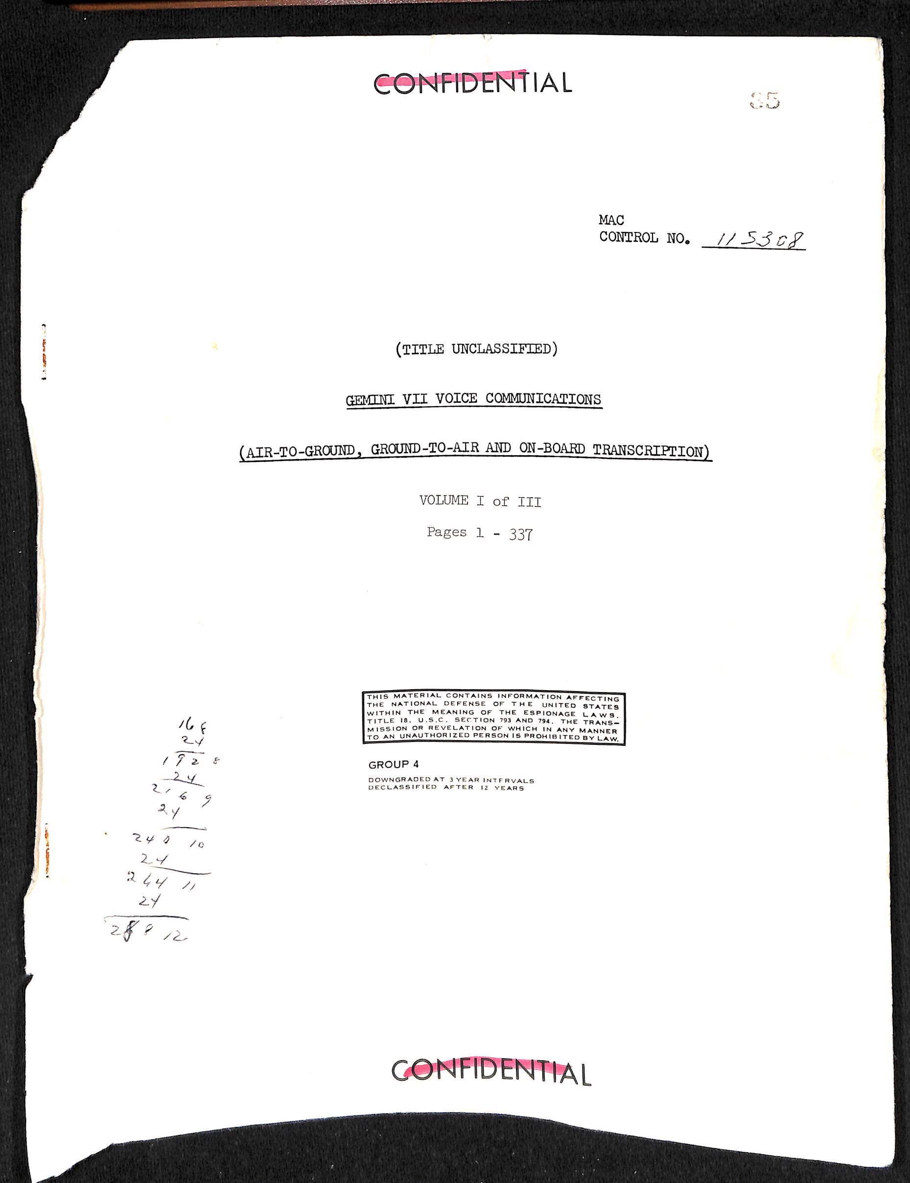 Gemini VII Air-to-Ground Transcript Volume I