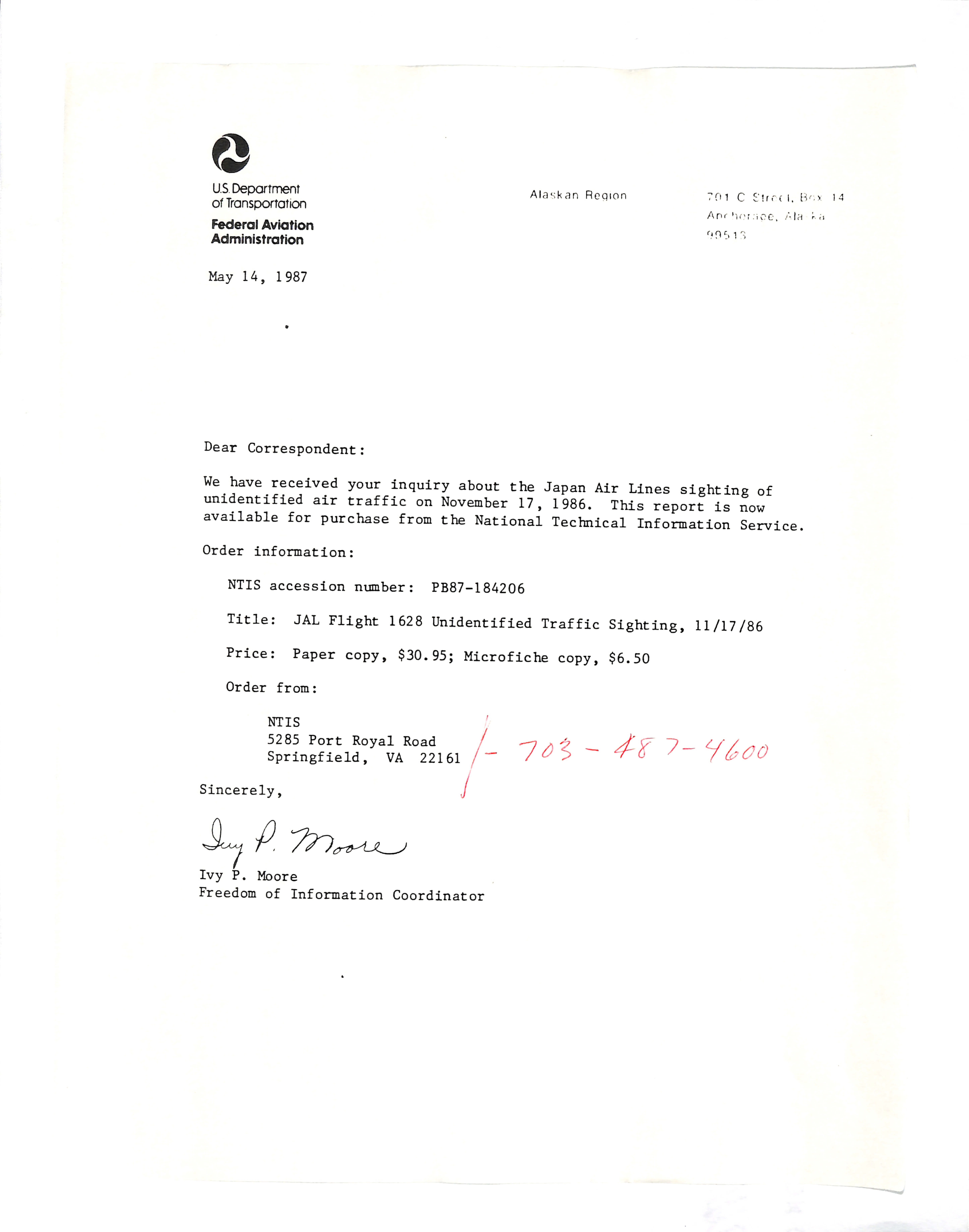 Information Releases Relating to Unidentified Flying Object