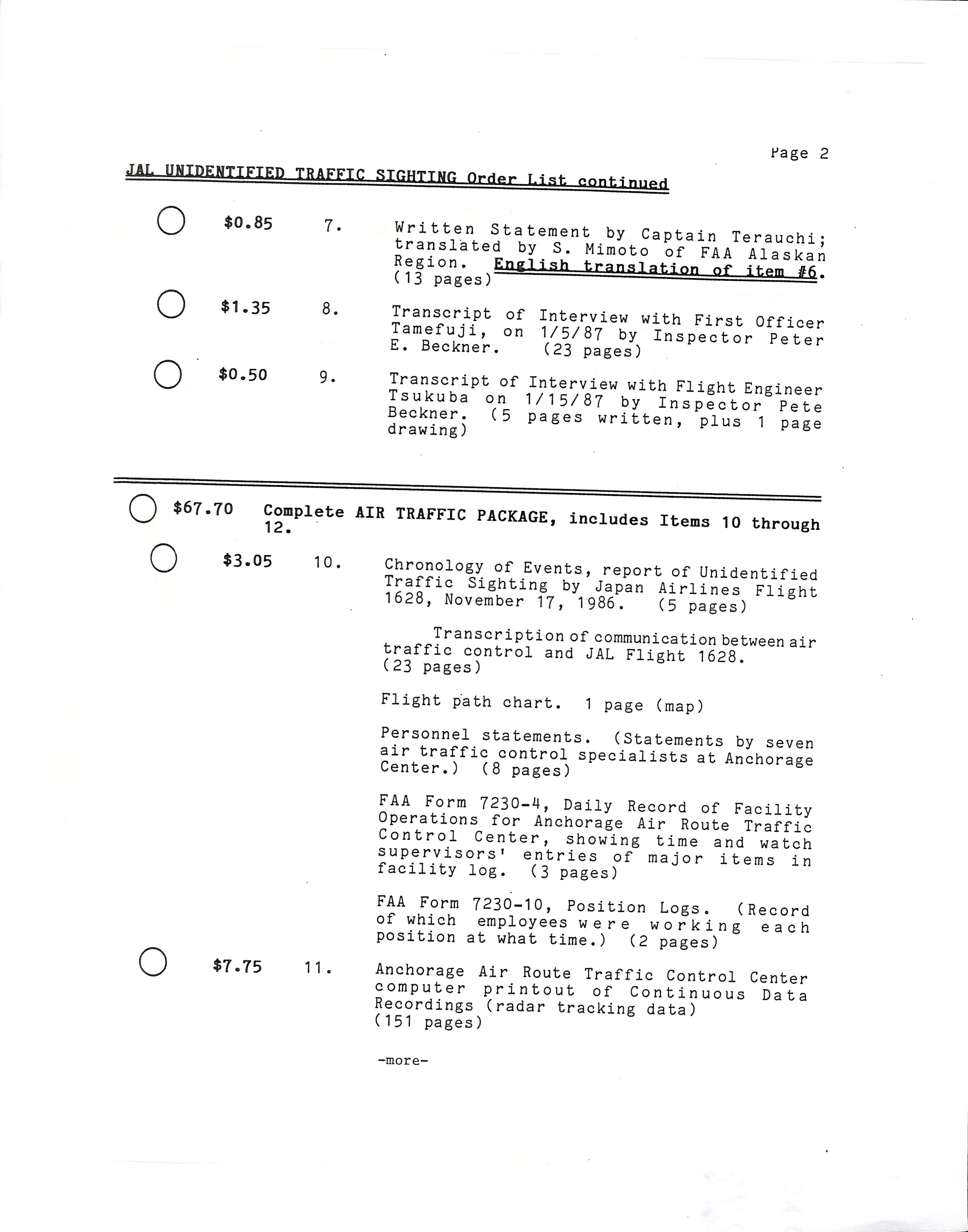 Information Releases Relating to Unidentified Flying Object