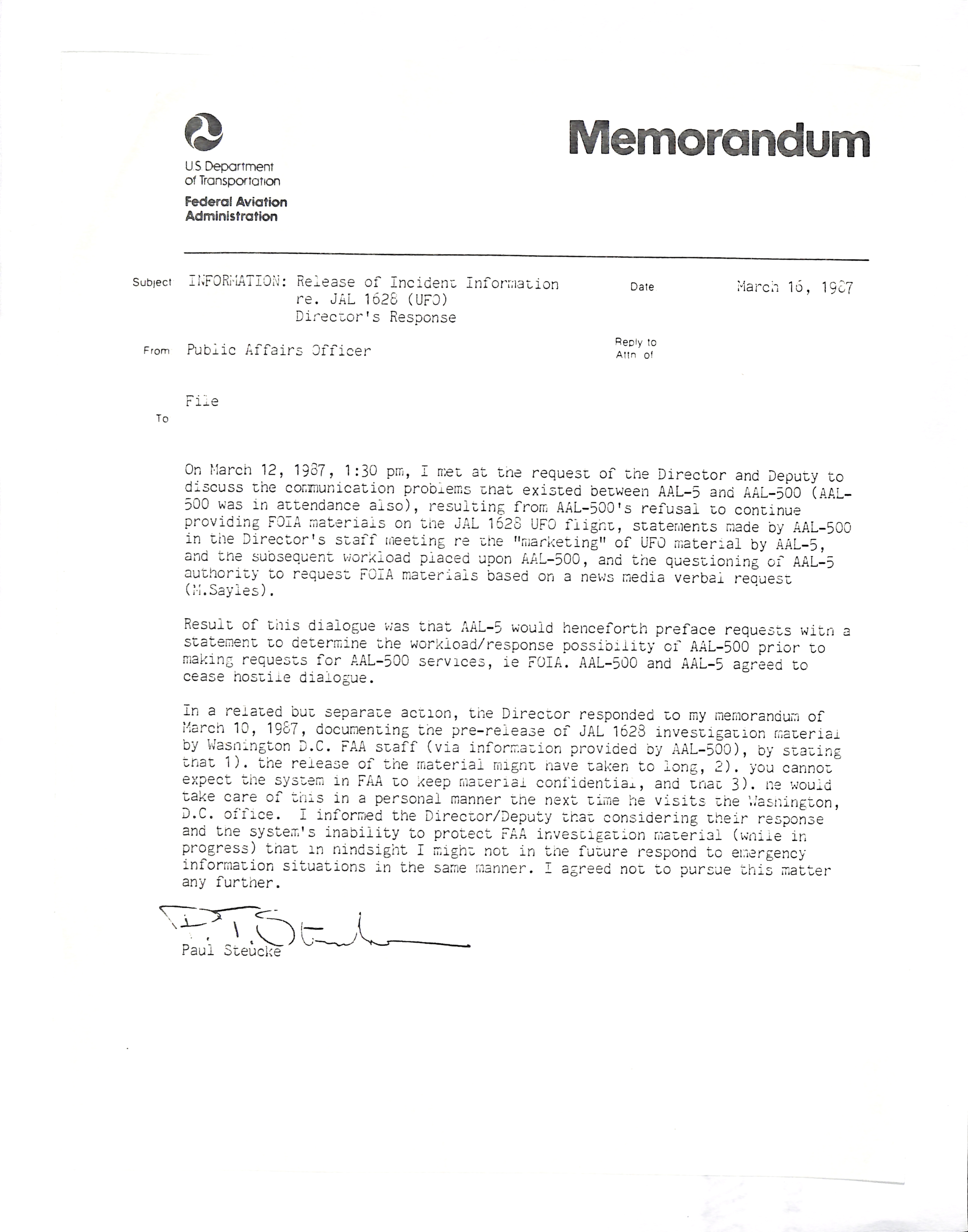 Information Releases Relating to Unidentified Flying Object