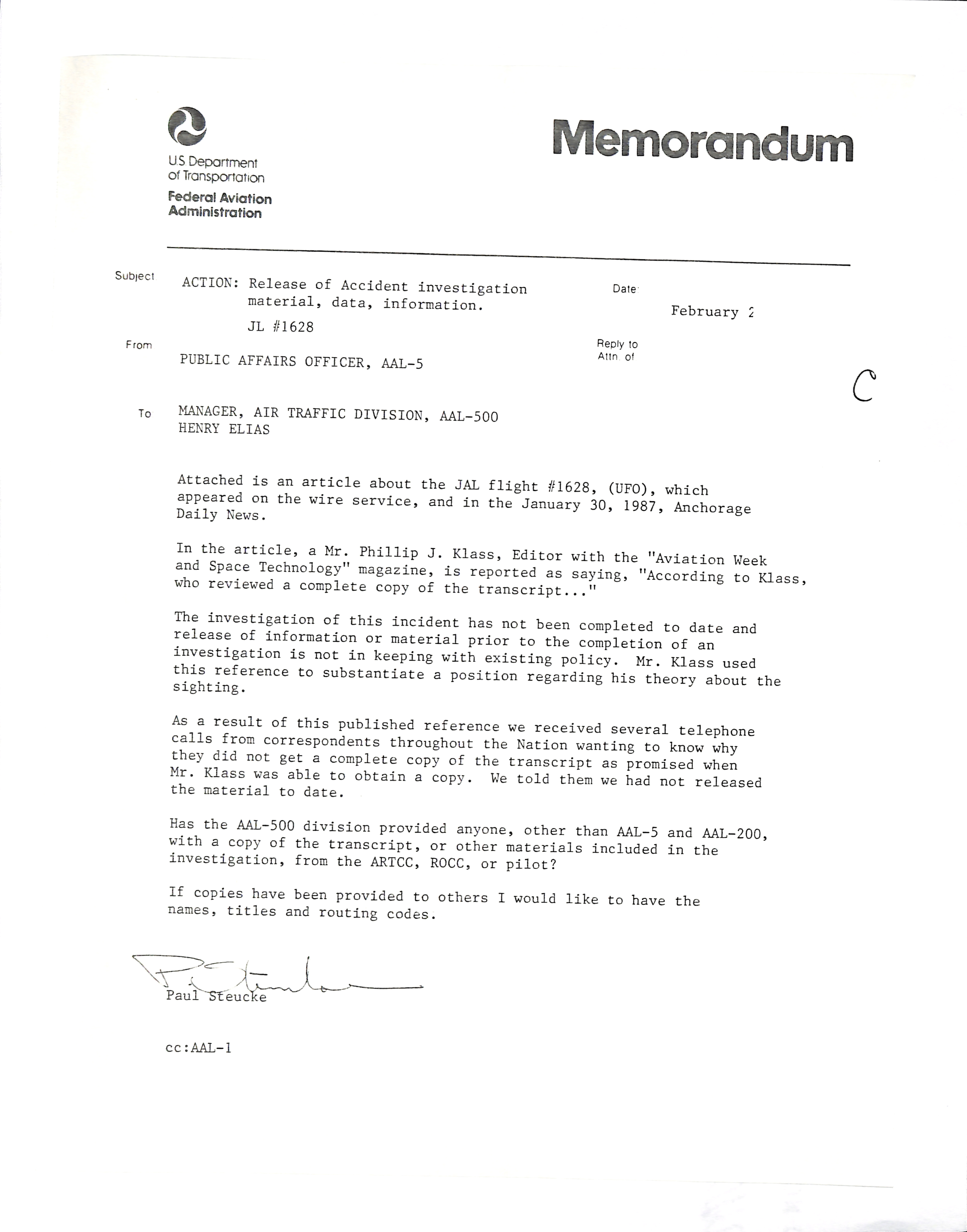 Information Releases Relating to Unidentified Flying Object