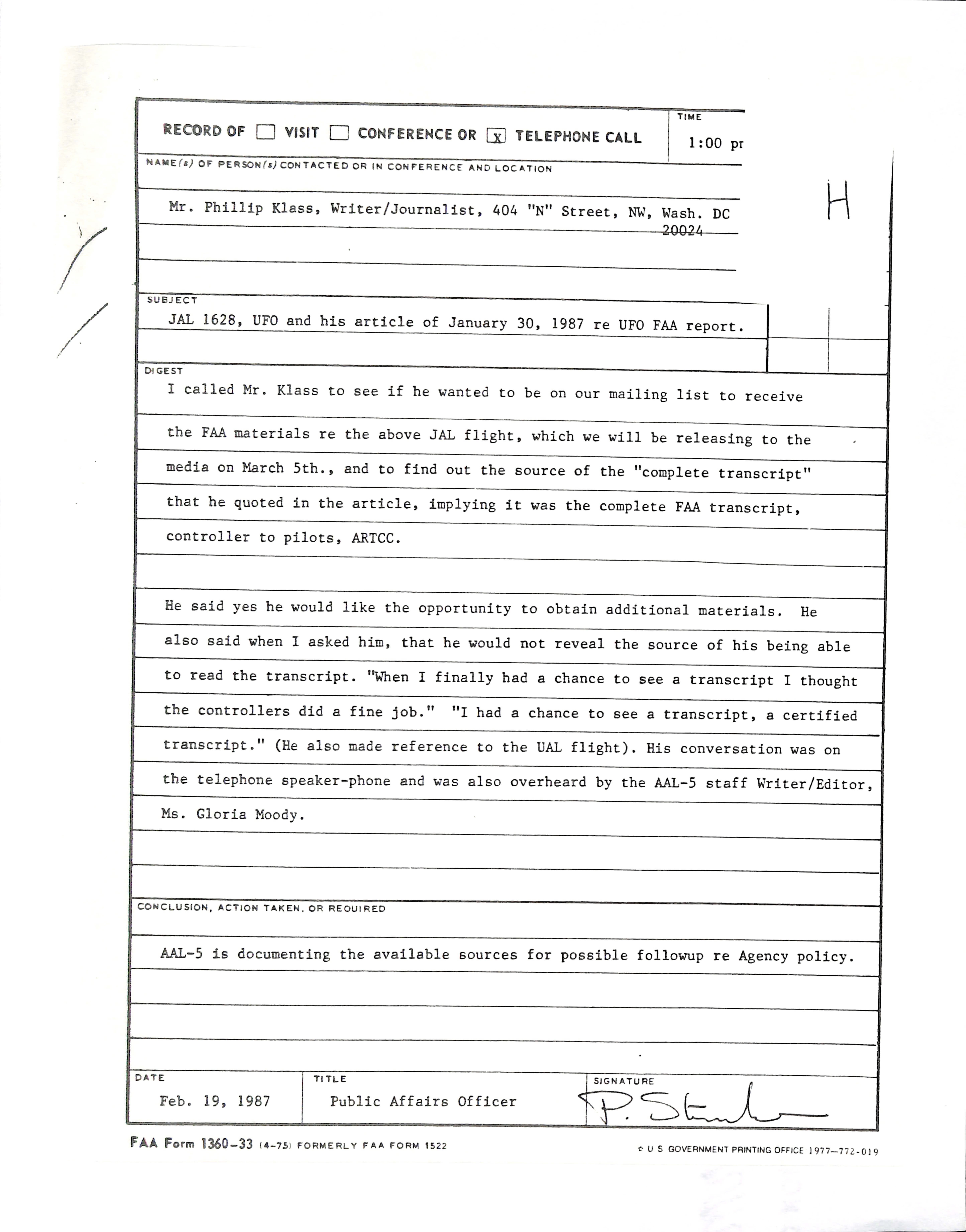 Information Releases Relating to Unidentified Flying Object