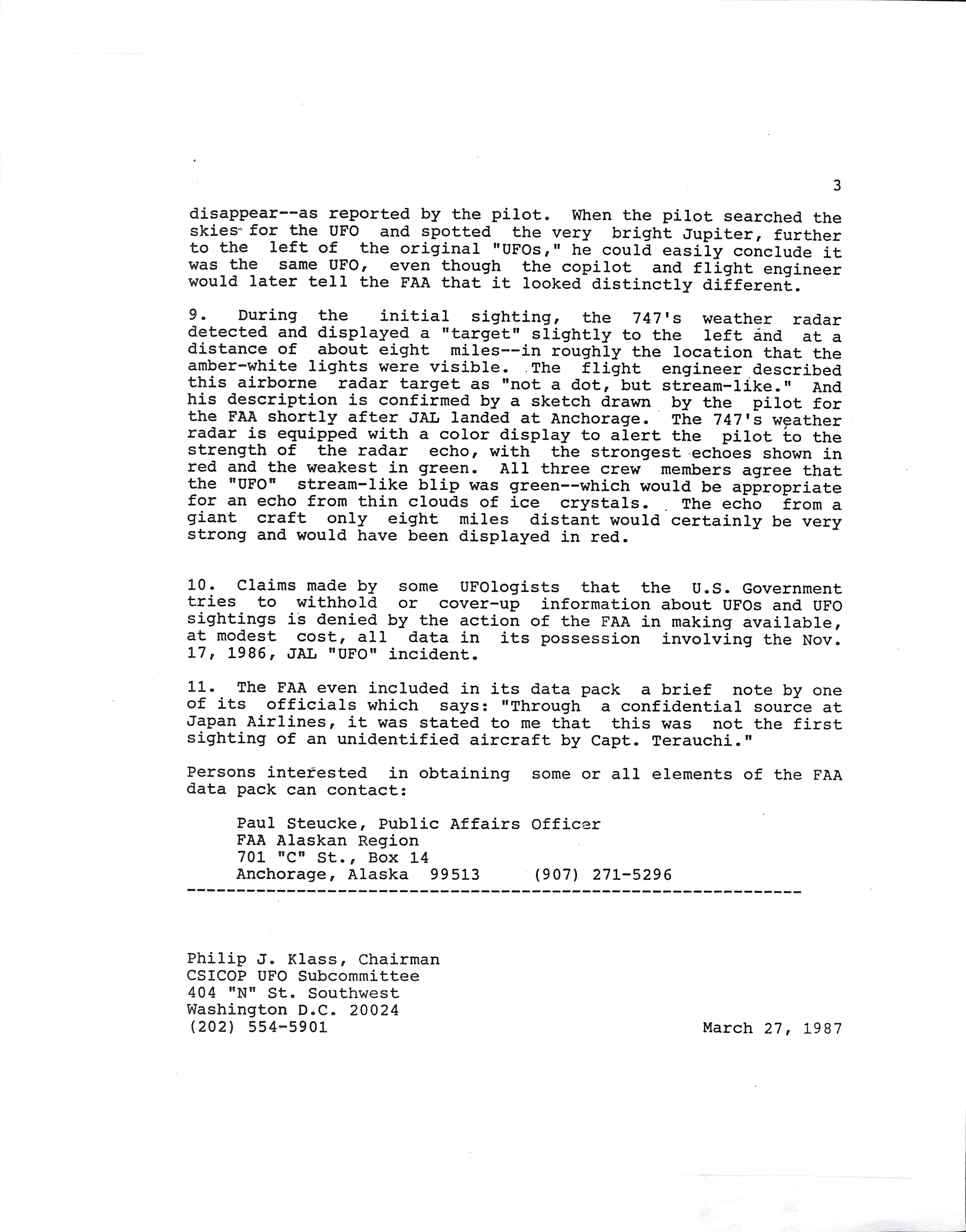 Information Releases Relating to Unidentified Flying Object