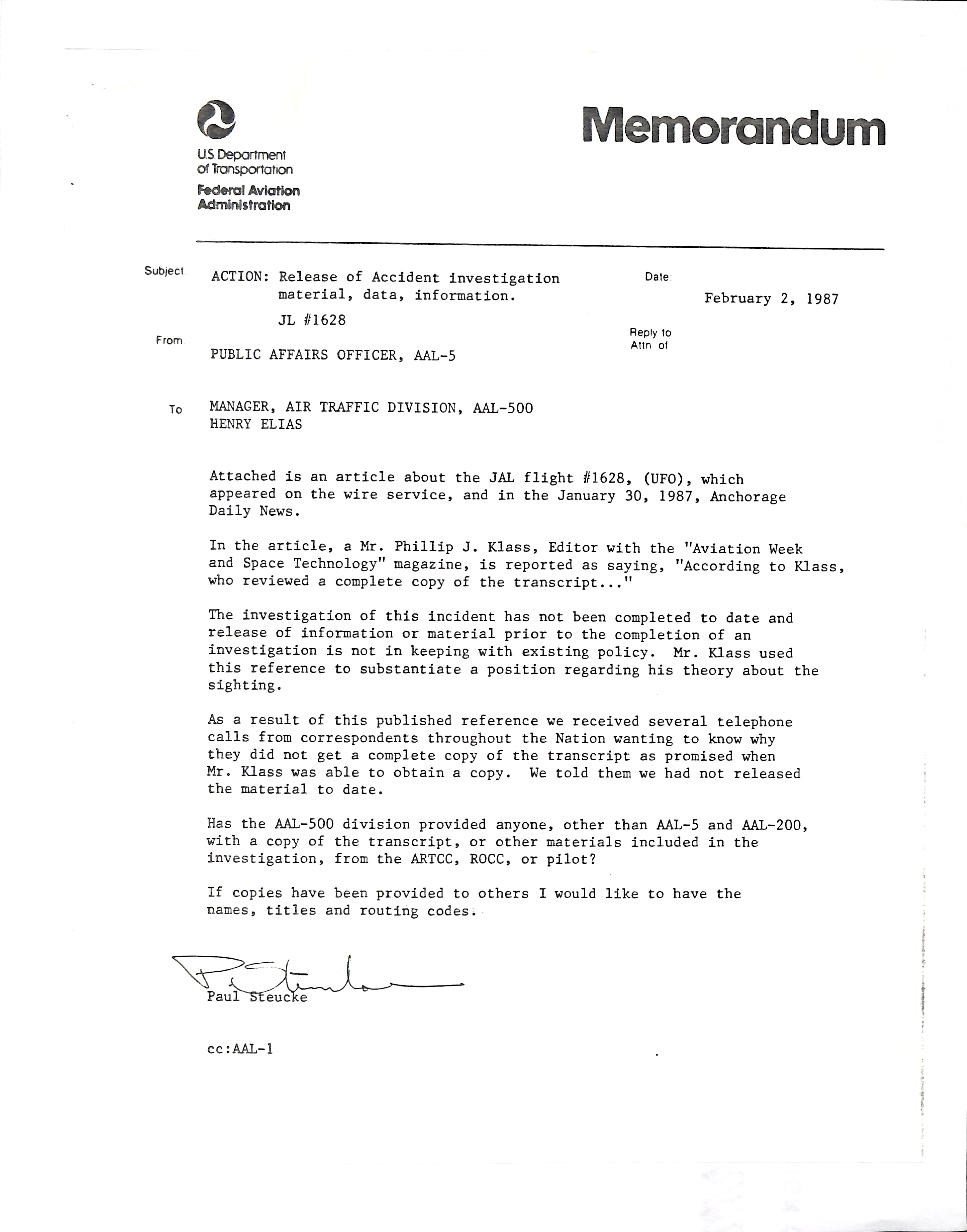 Information Releases Relating to Unidentified Flying Object