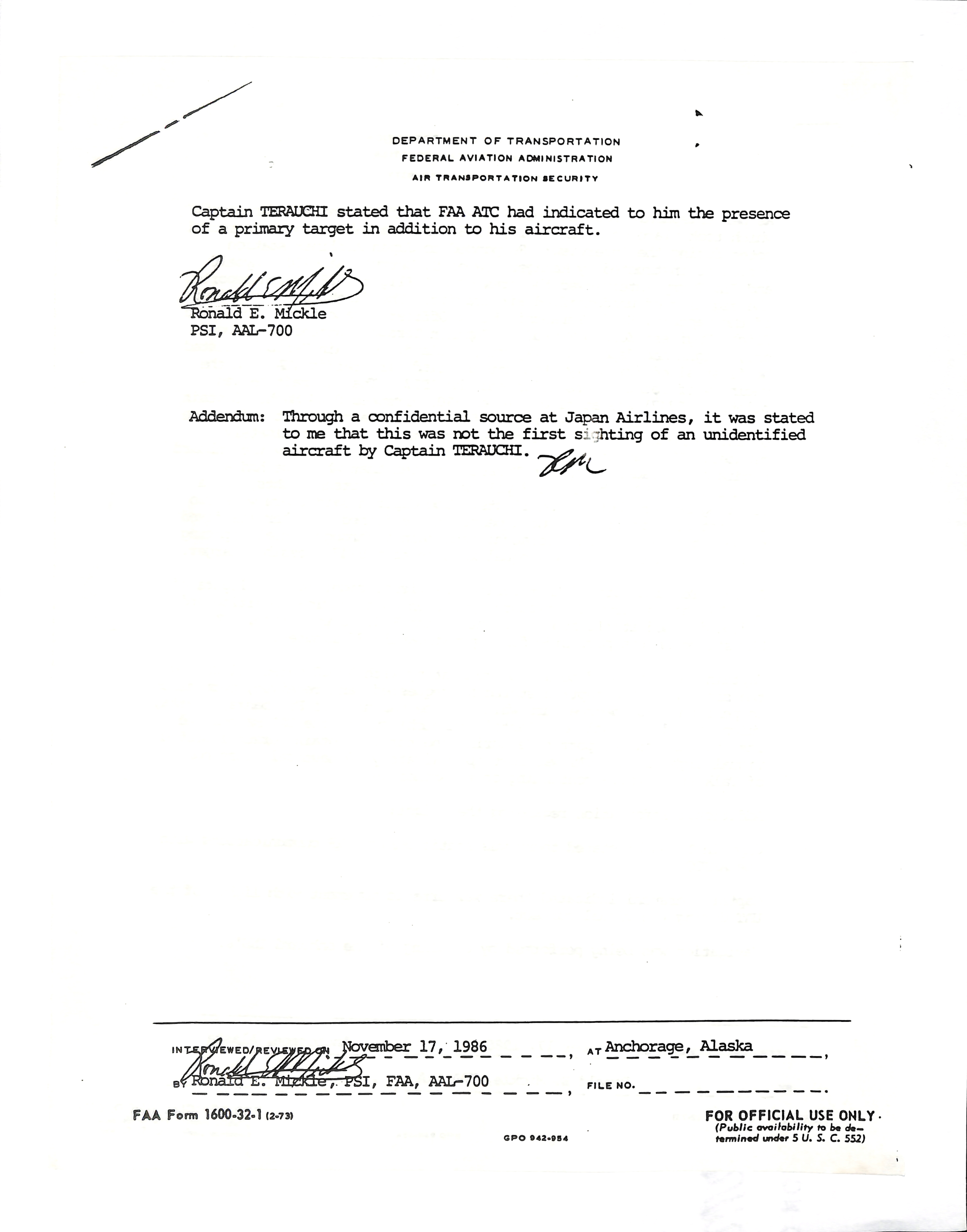 Information Releases Relating to Unidentified Flying Object