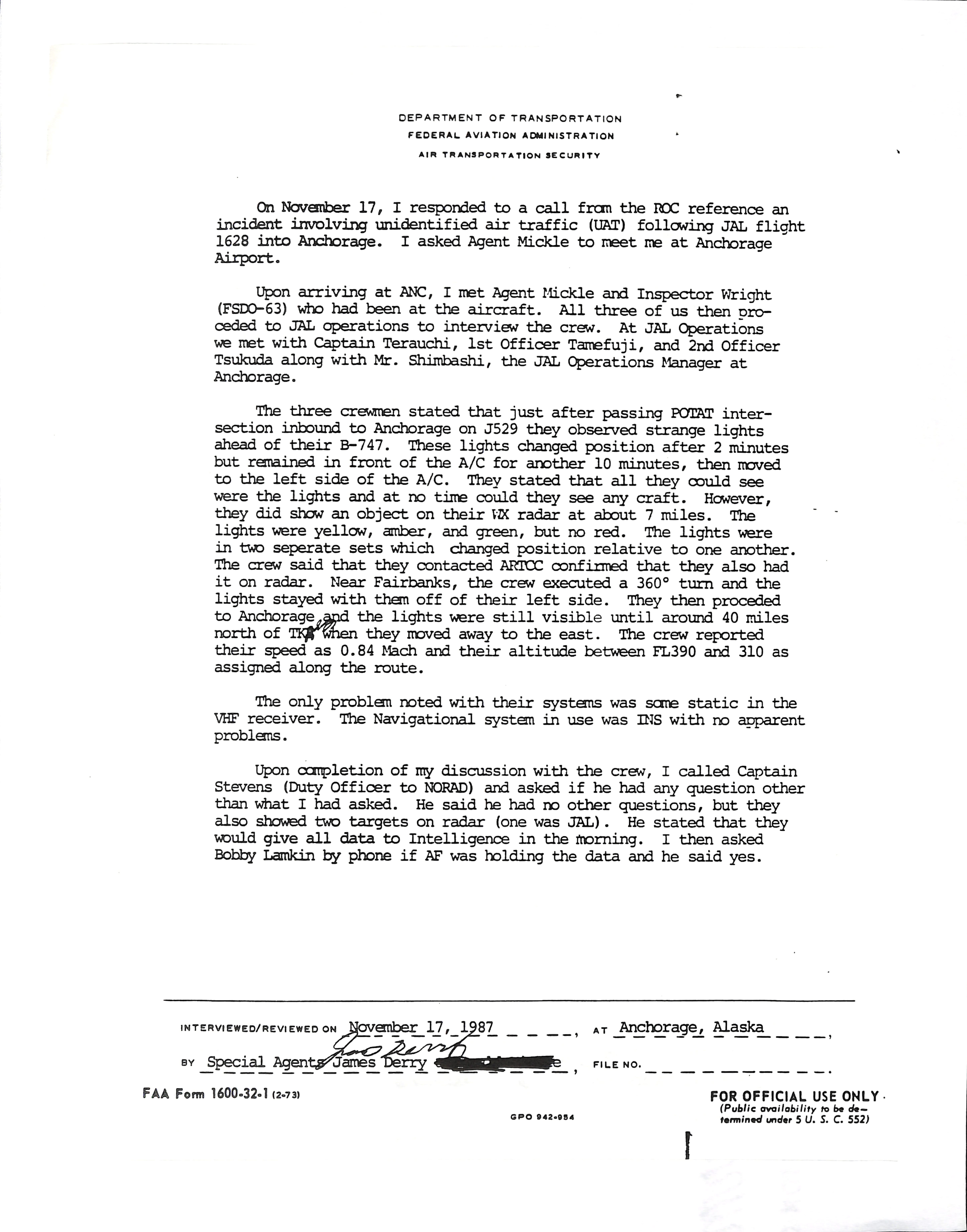 Information Releases Relating to Unidentified Flying Object