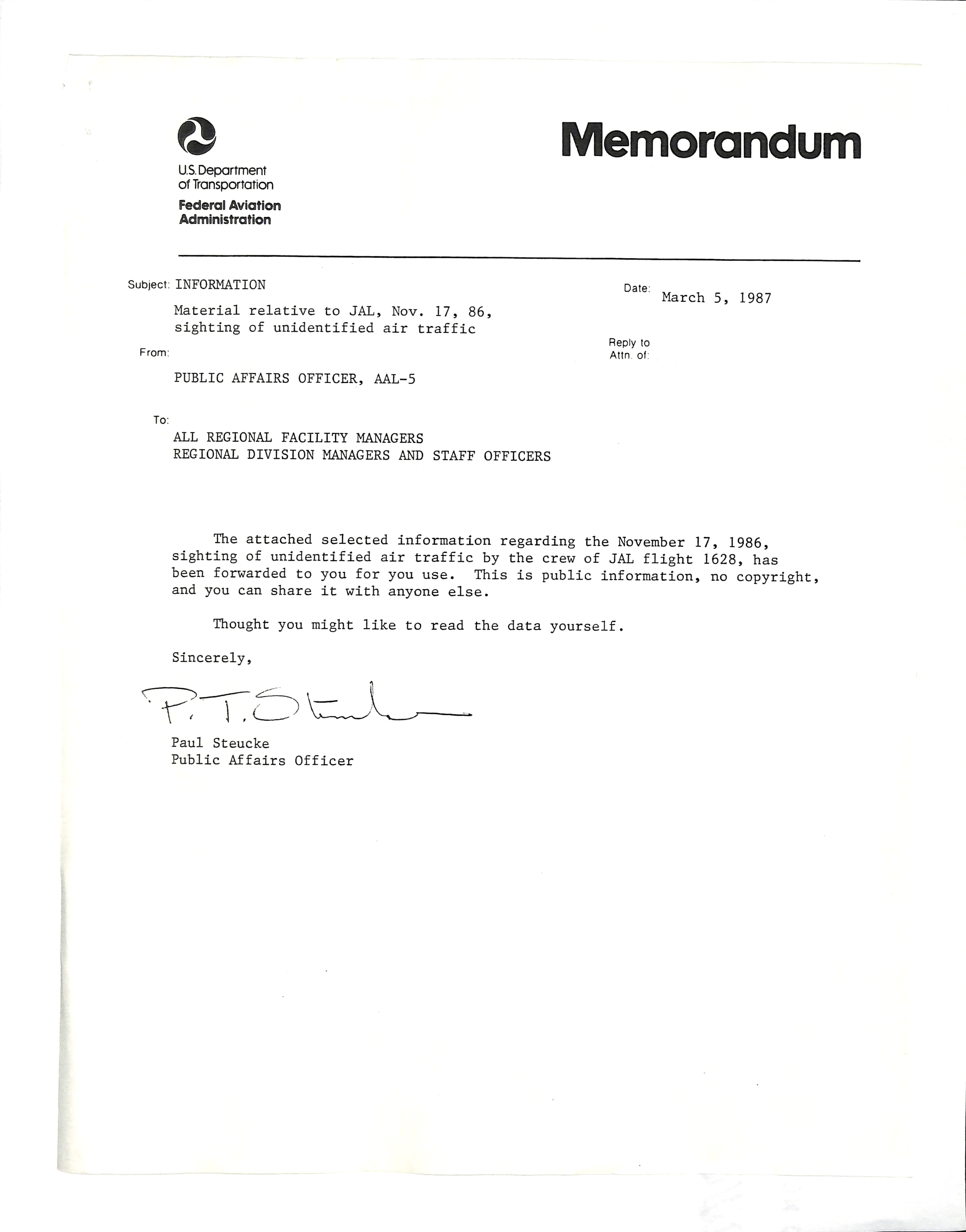 Information Releases Relating to Unidentified Flying Object