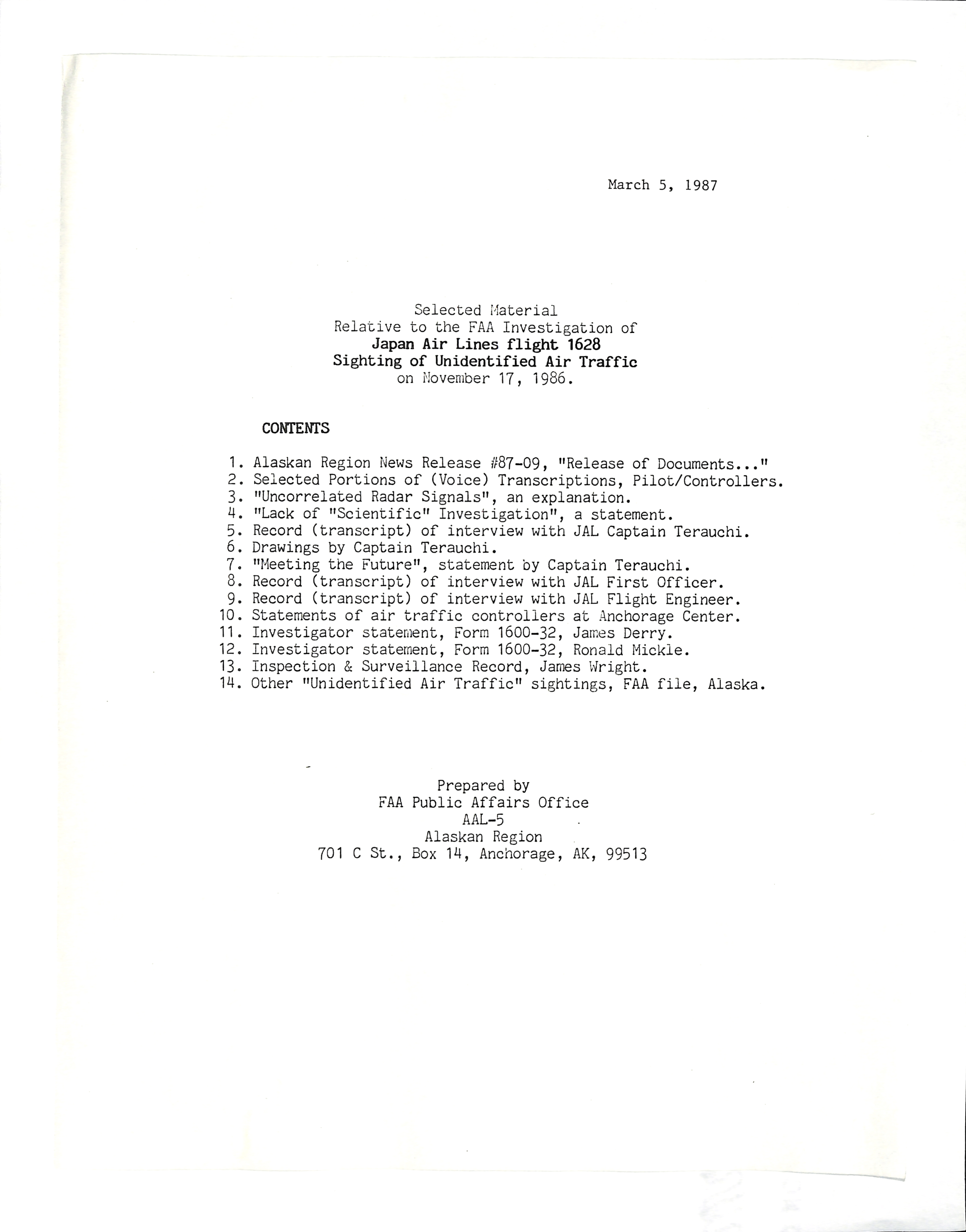 Information Releases Relating to Unidentified Flying Object