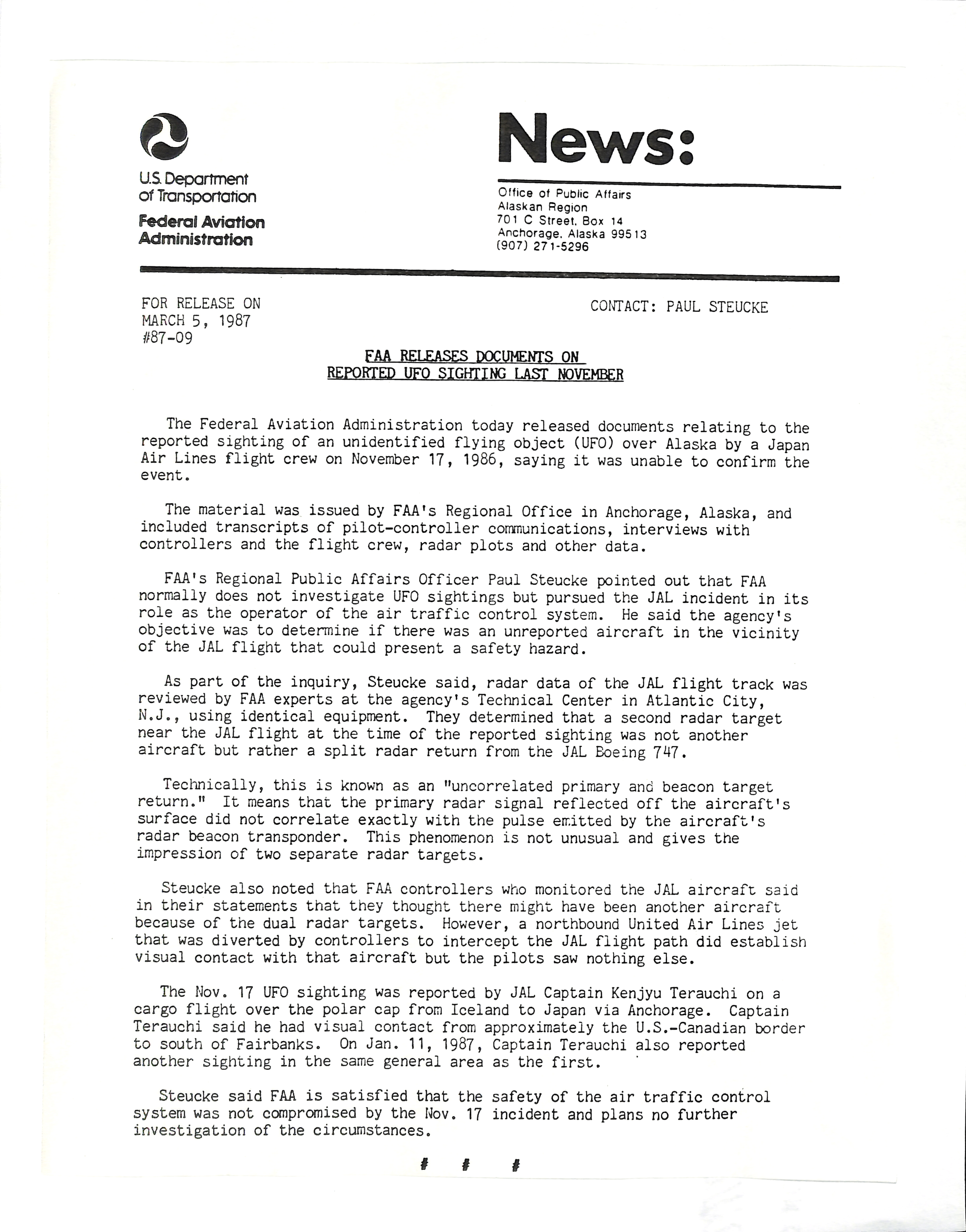 Information Releases Relating to Unidentified Flying Object