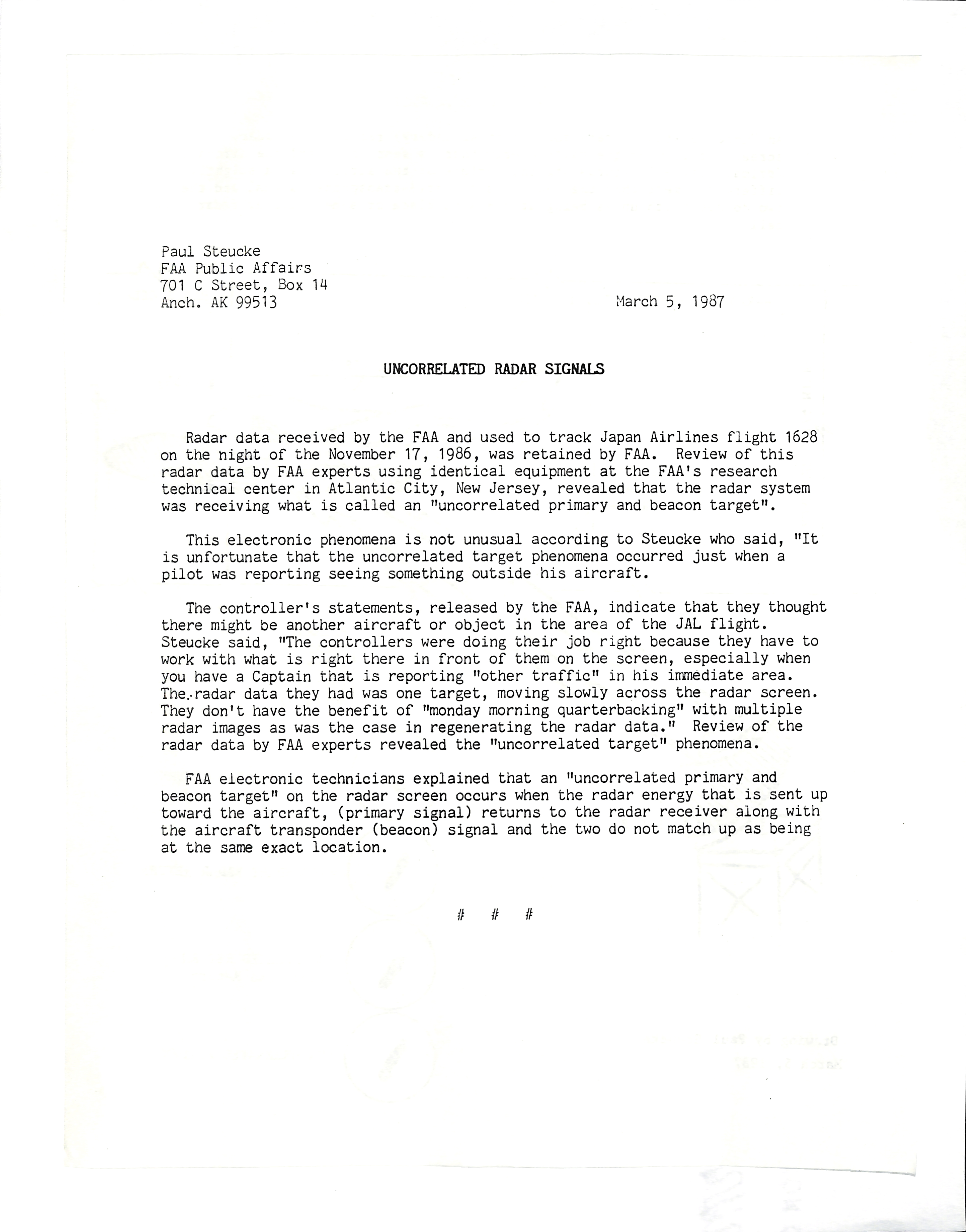 Information Releases Relating to Unidentified Flying Object