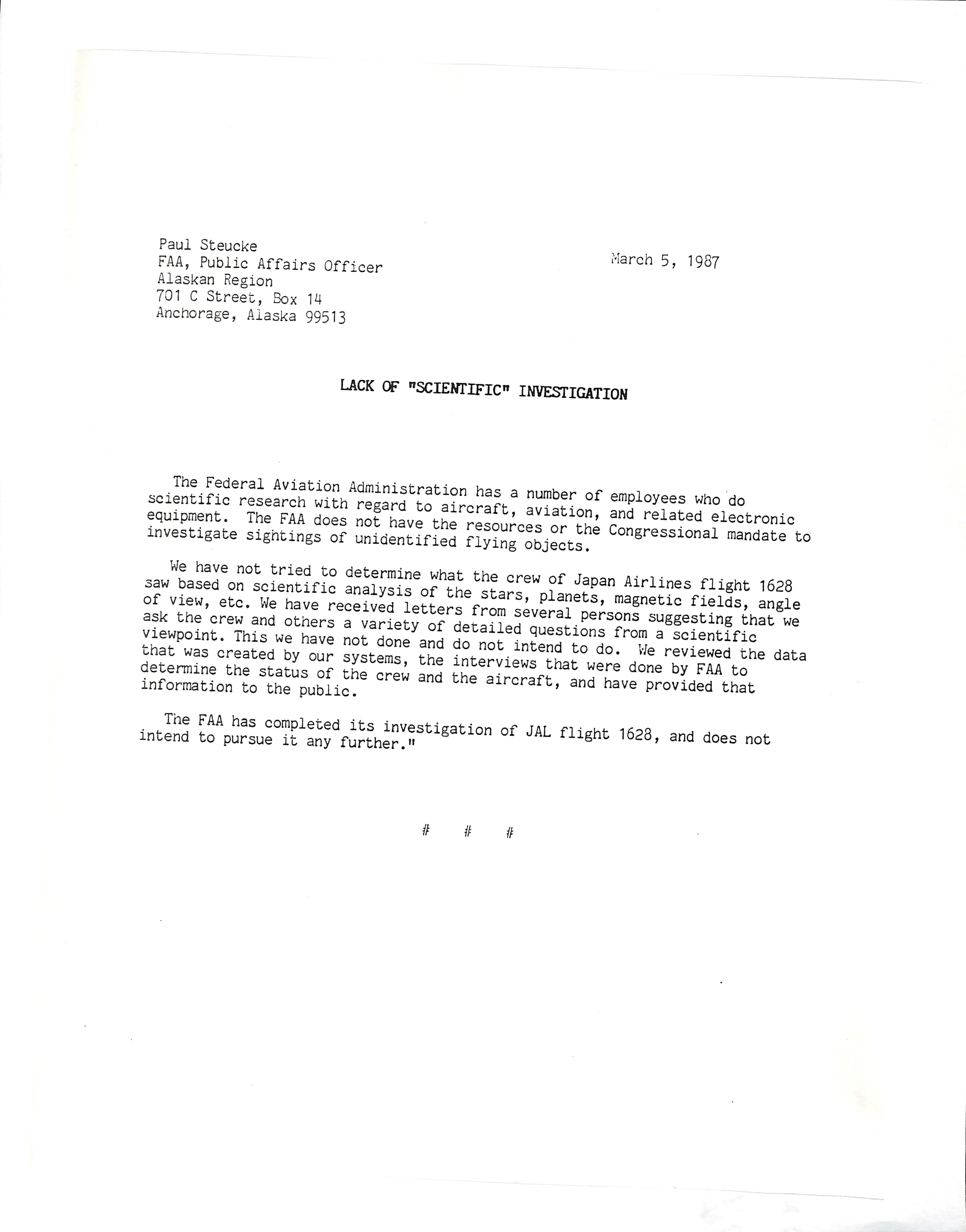 Information Releases Relating to Unidentified Flying Object