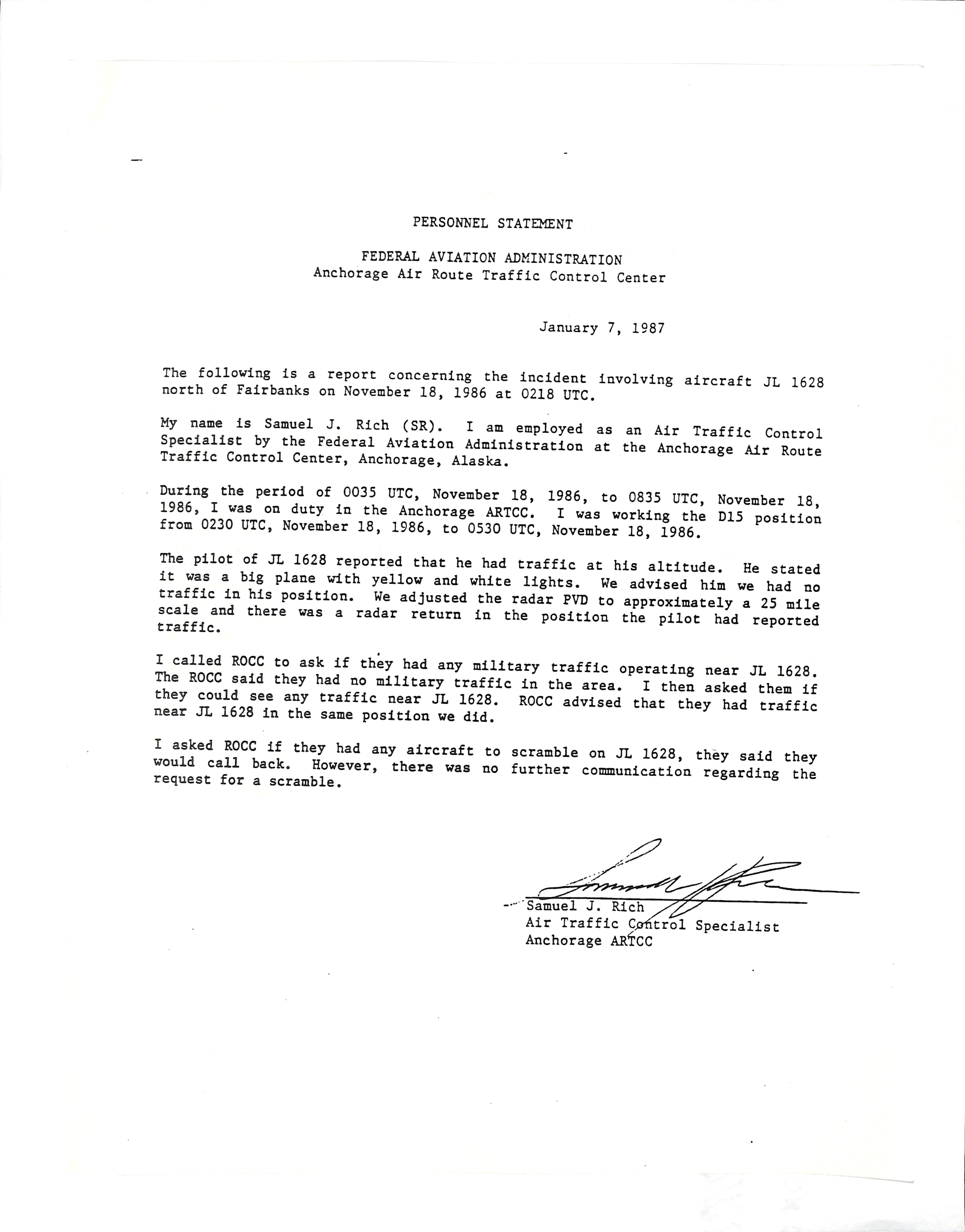 Information Releases Relating to Unidentified Flying Object