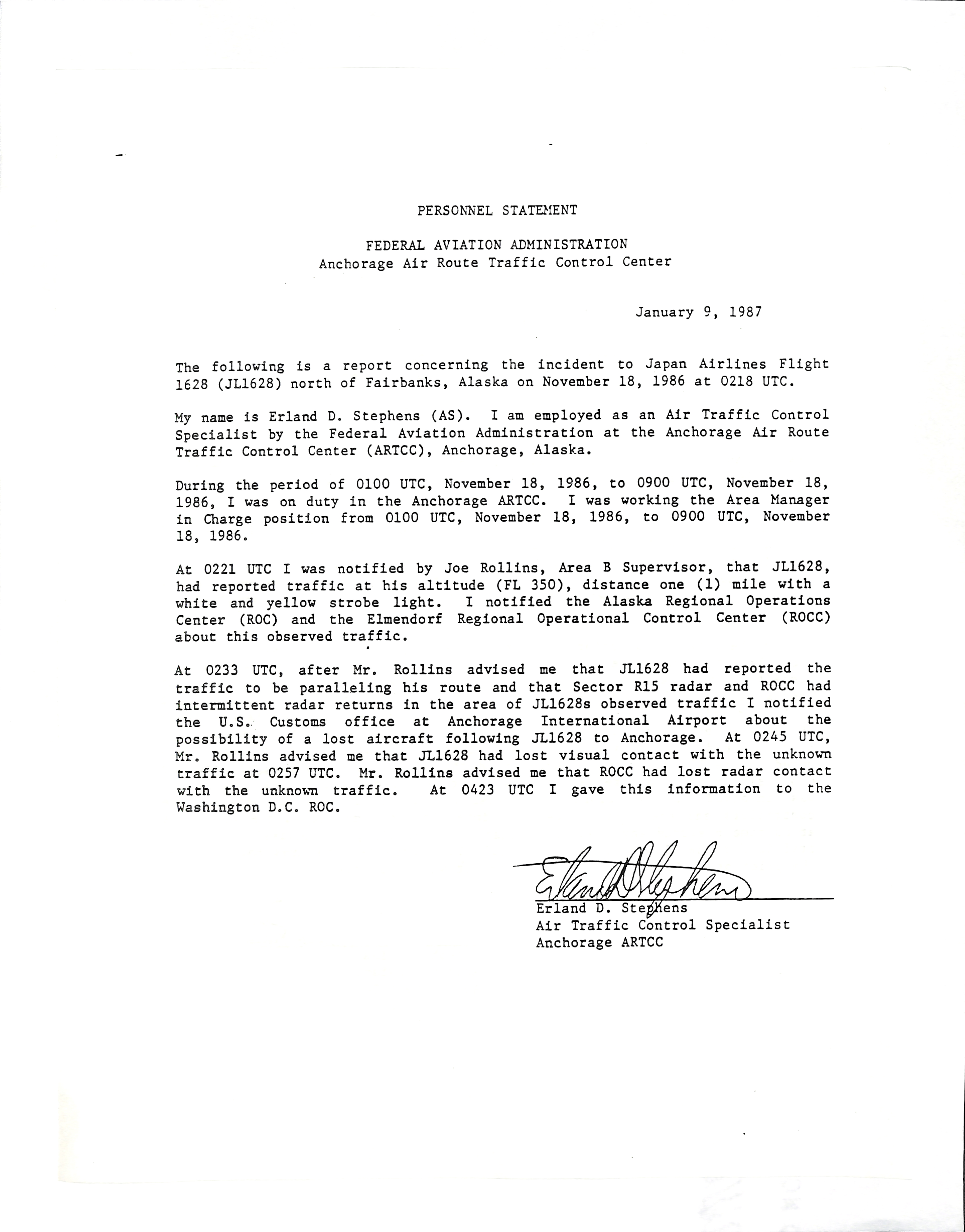 Information Releases Relating to Unidentified Flying Object