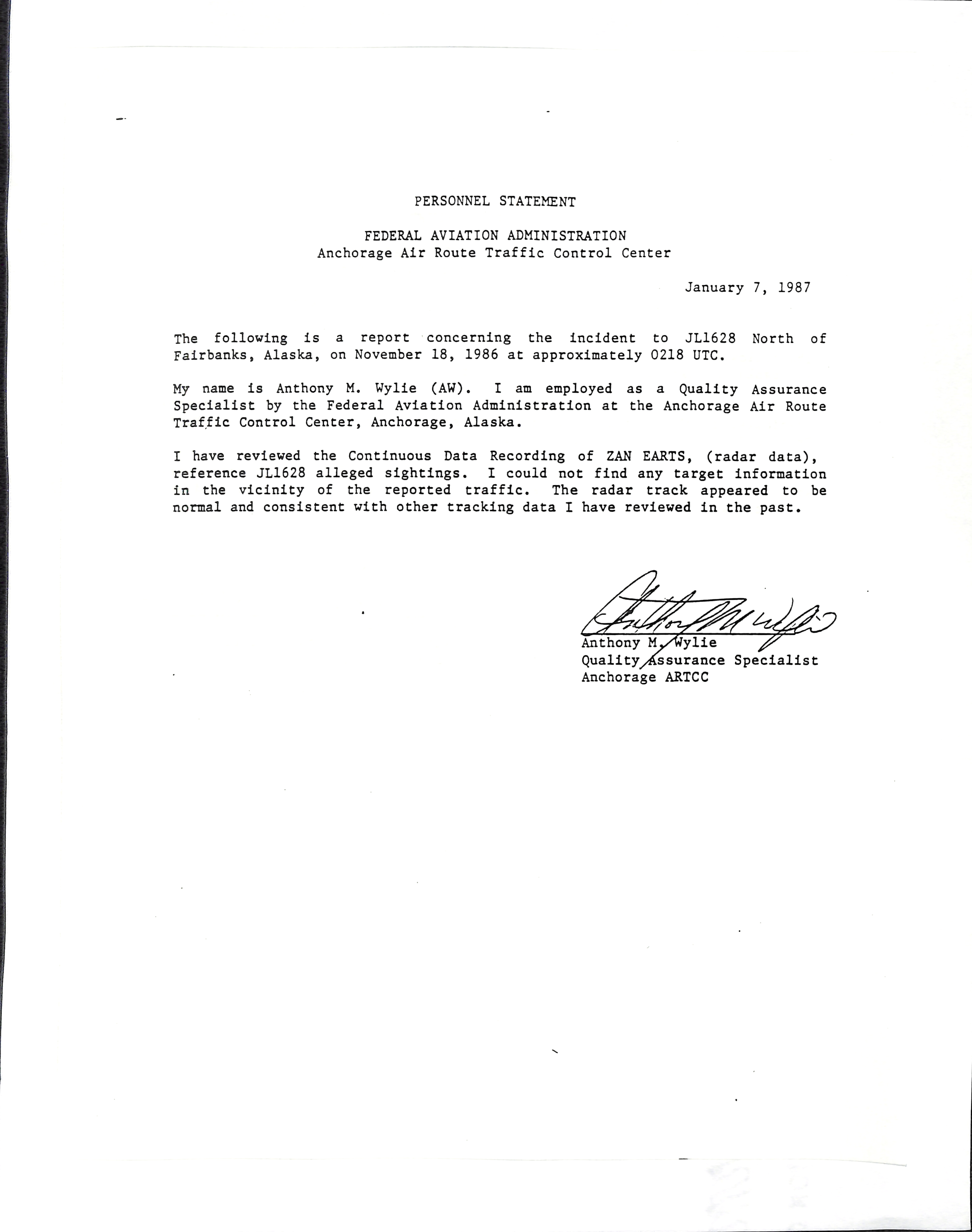 Information Releases Relating to Unidentified Flying Object