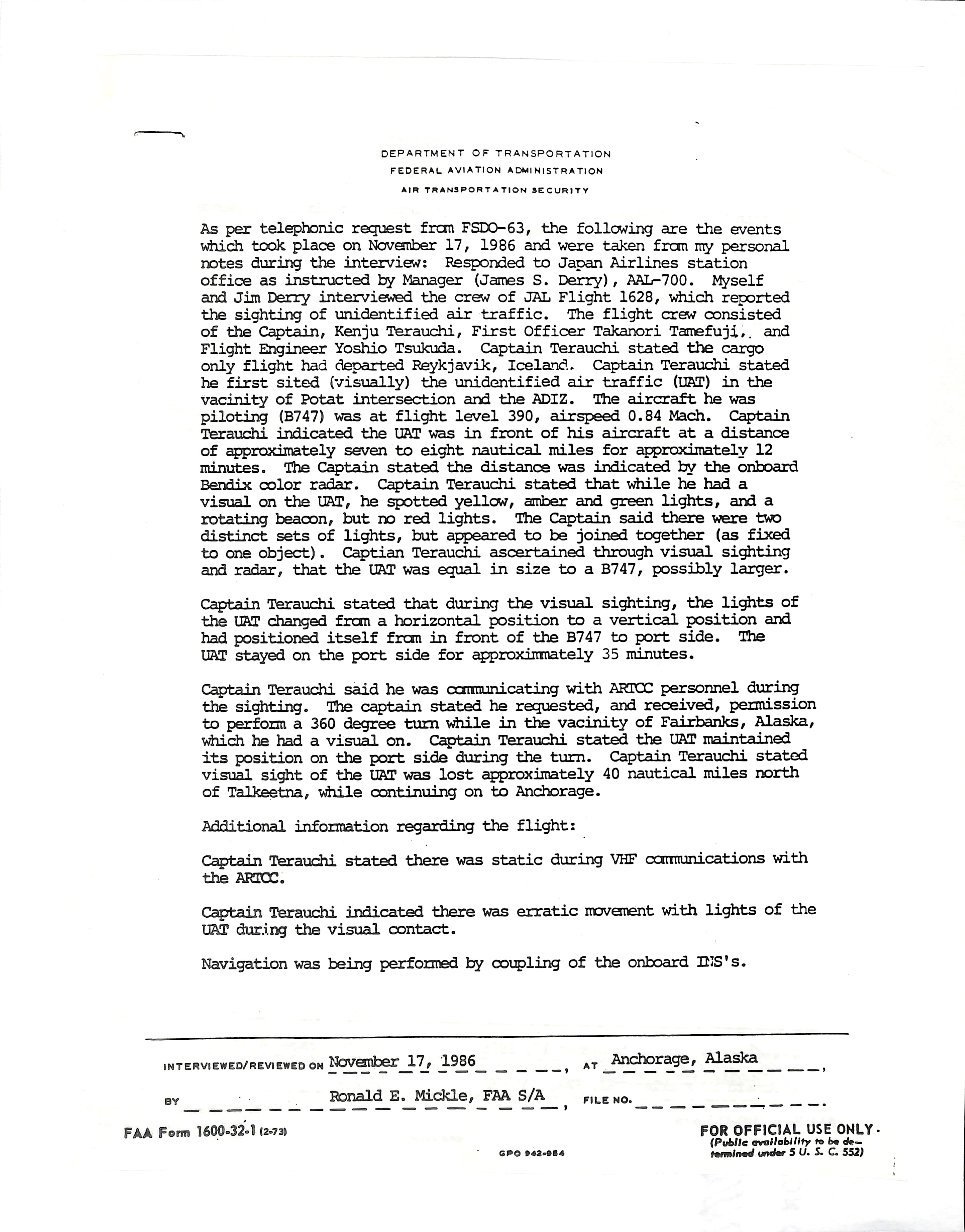 Information Releases Relating to Unidentified Flying Object