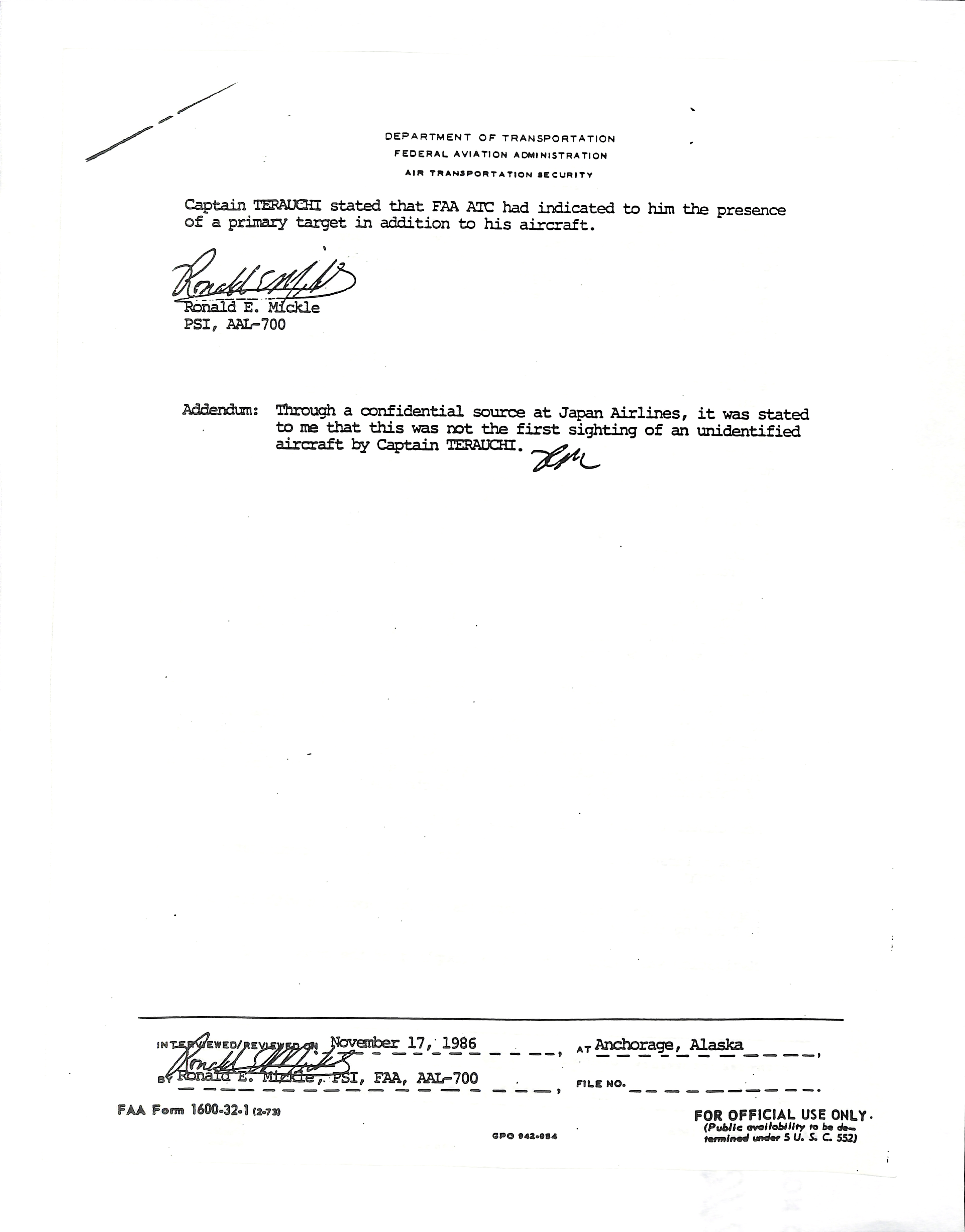 Information Releases Relating to Unidentified Flying Object