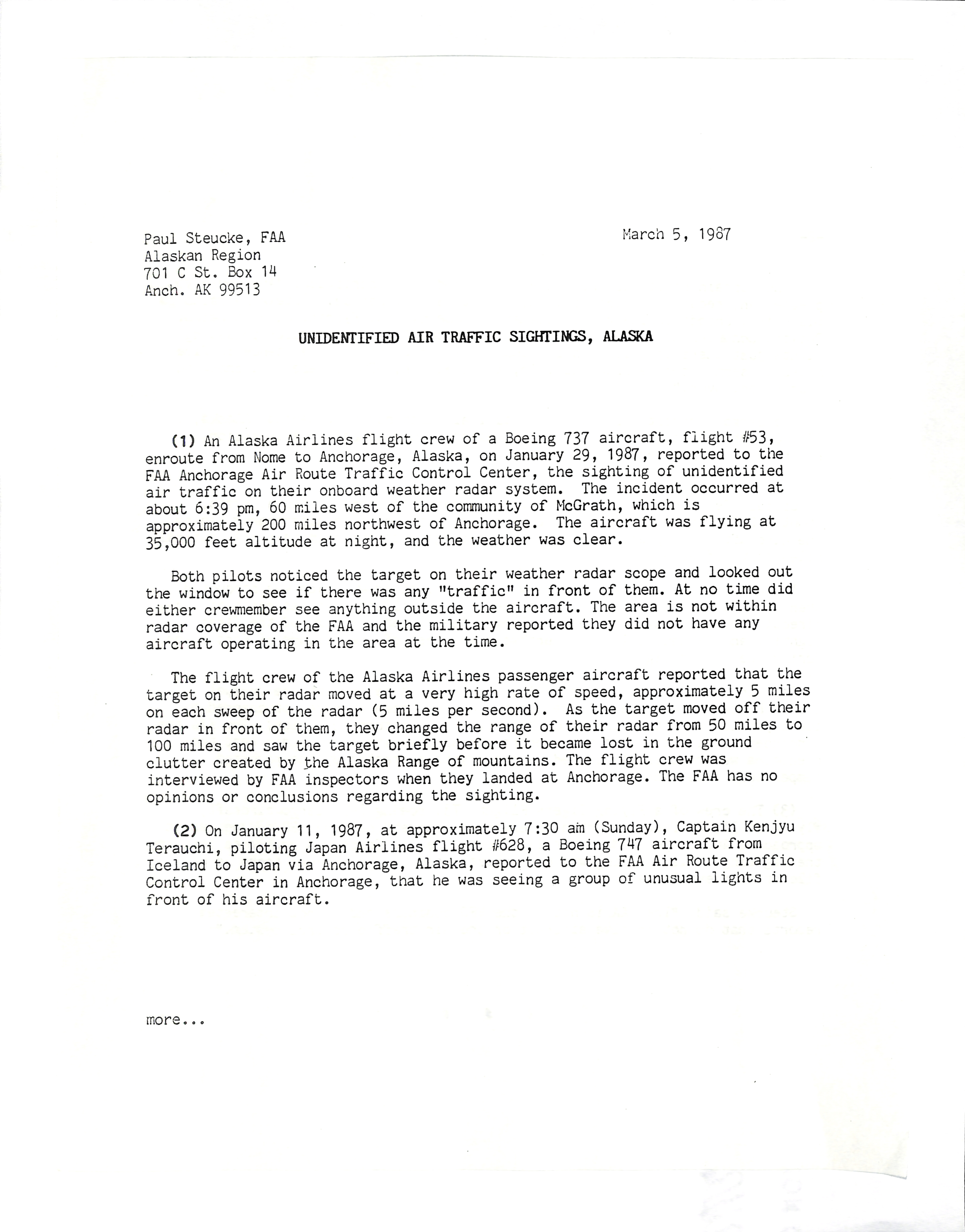 Information Releases Relating to Unidentified Flying Object