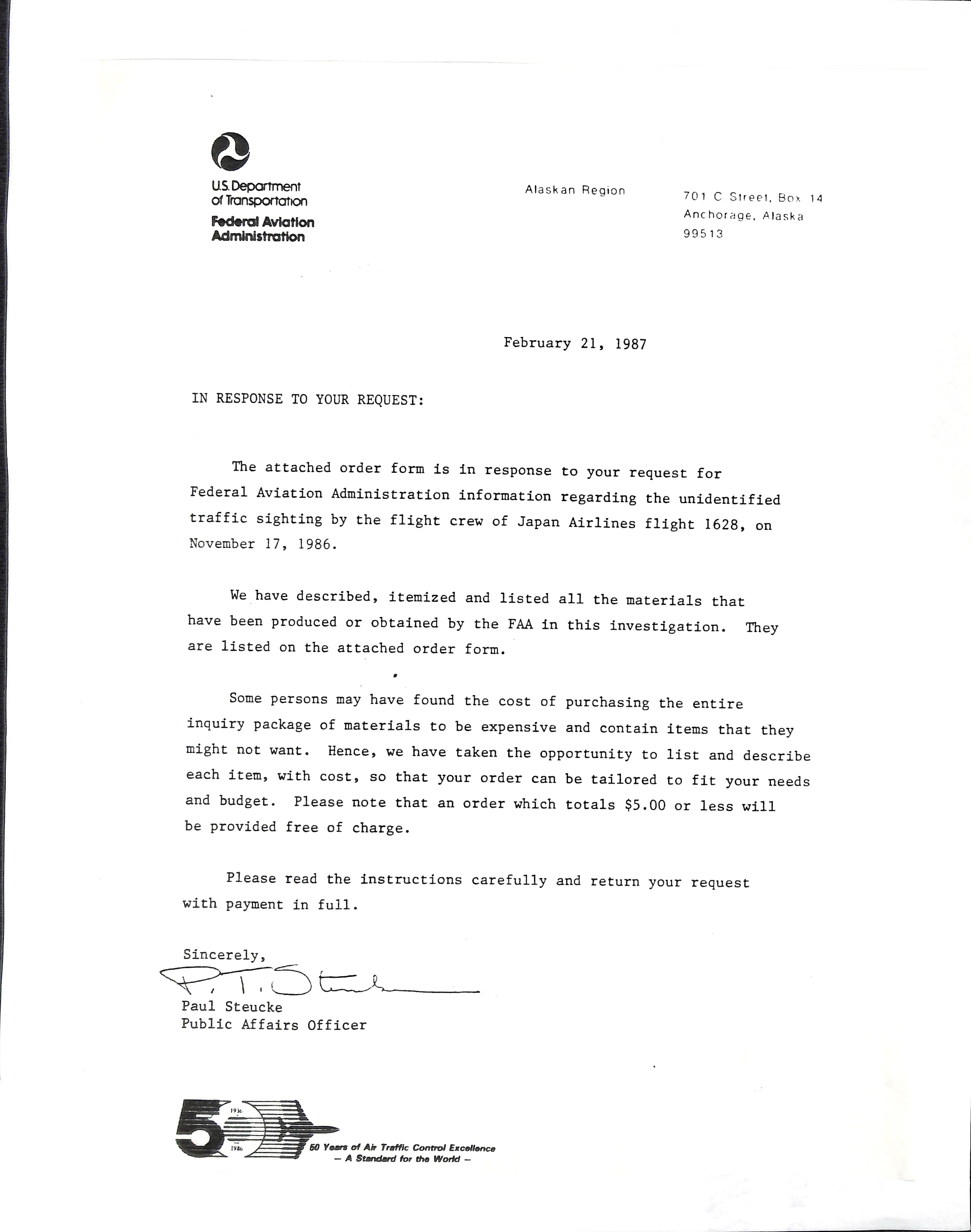 Information Releases Relating to Unidentified Flying Object