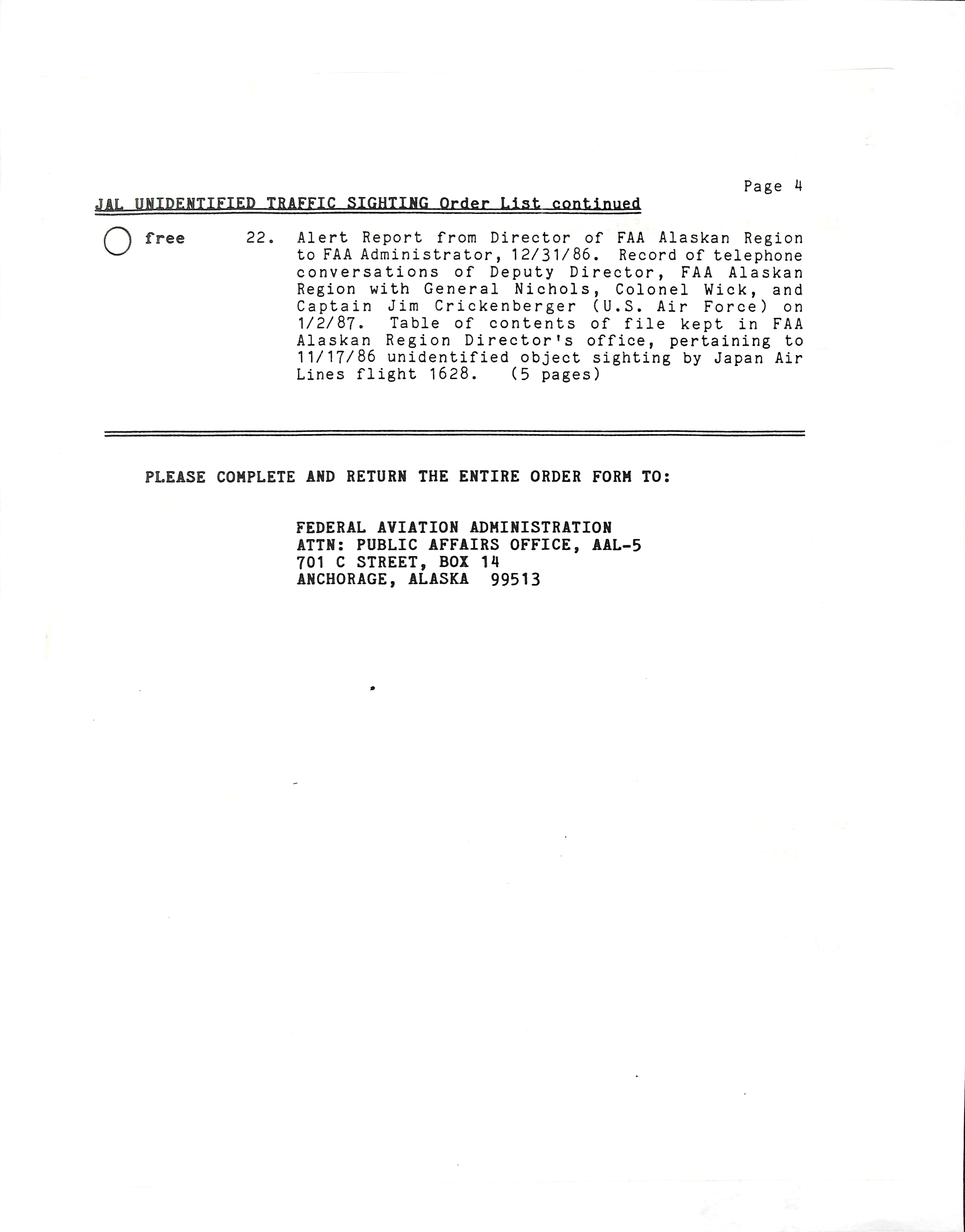 Information Releases Relating to Unidentified Flying Object