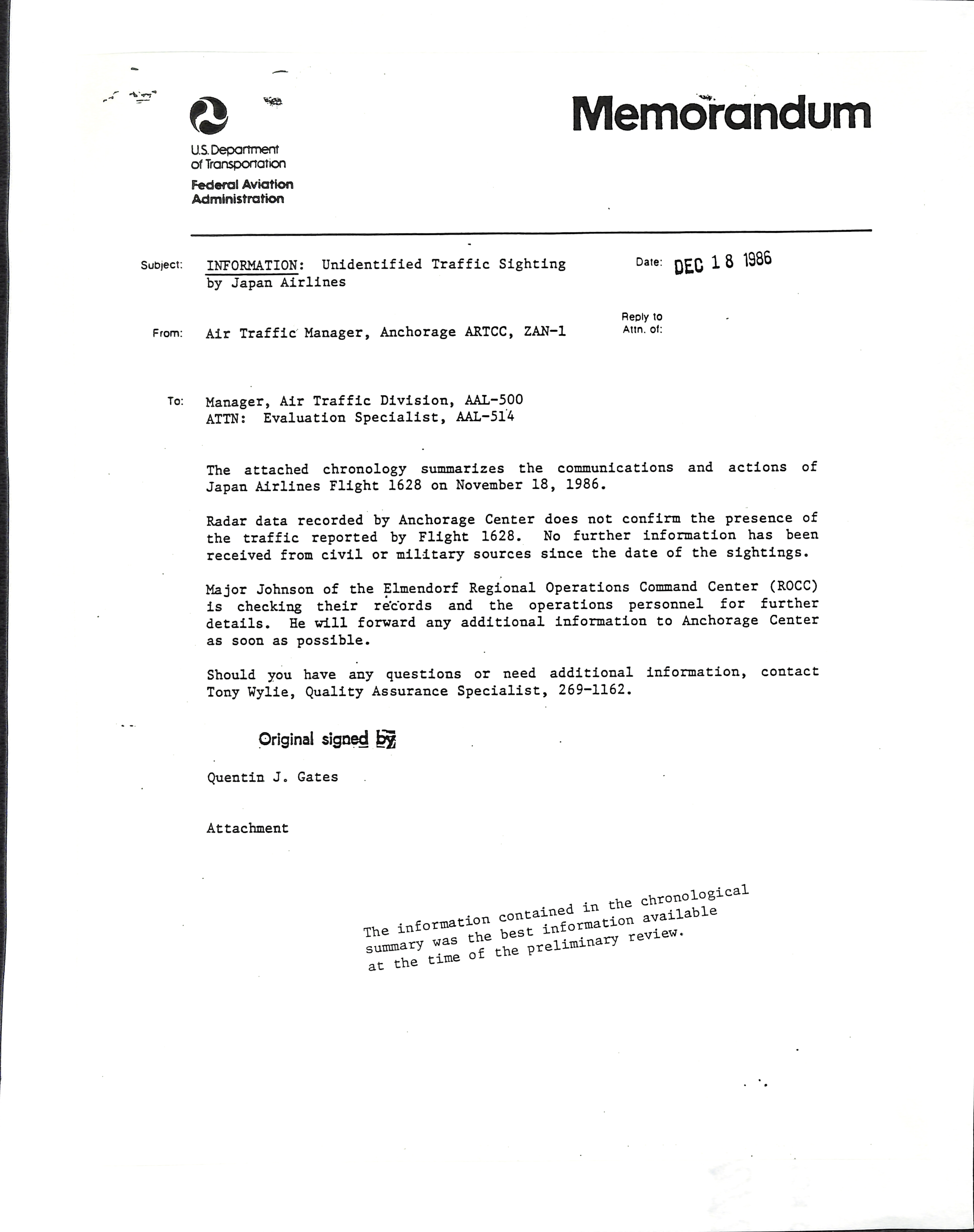 Information Releases Relating to Unidentified Flying Object