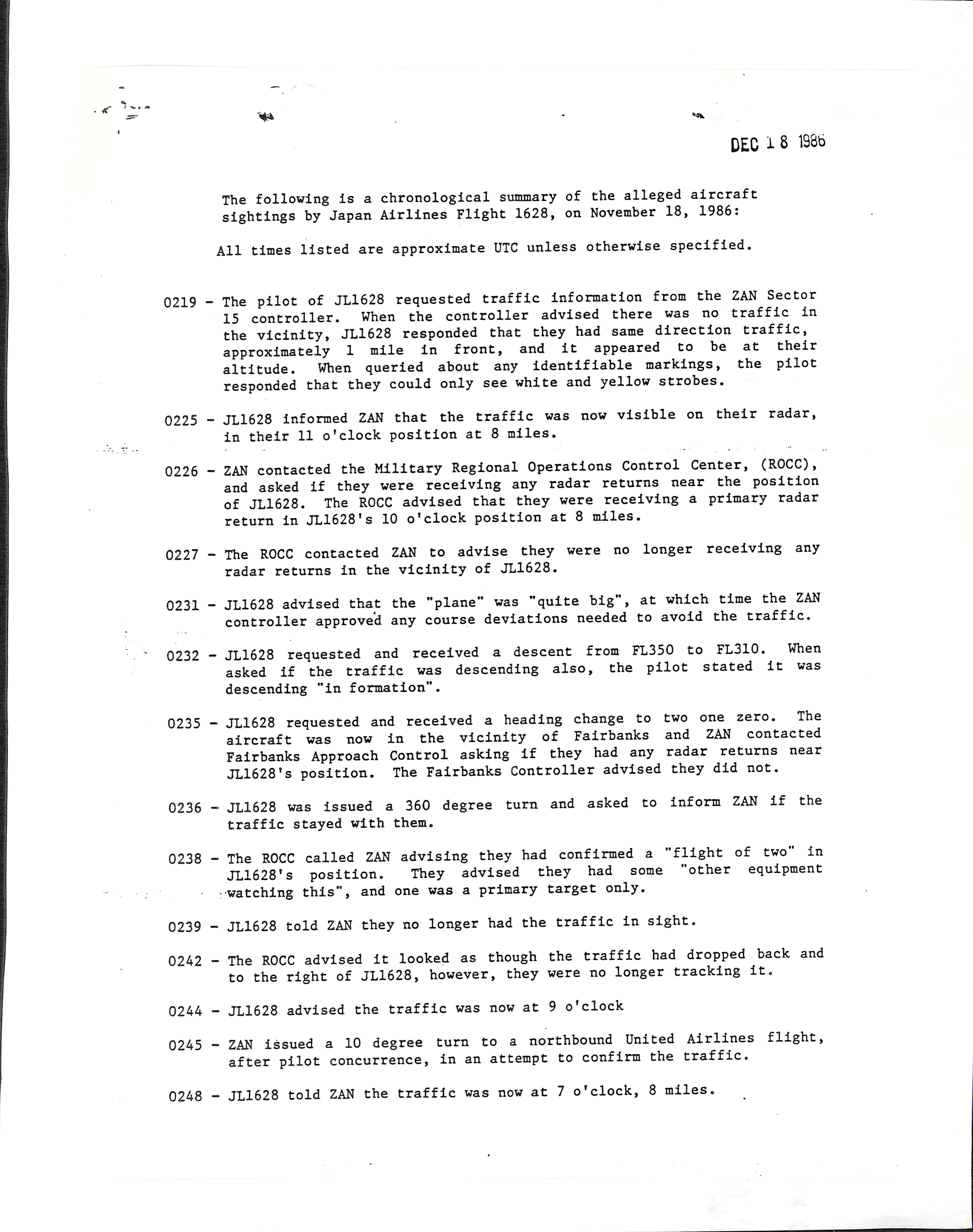 Information Releases Relating to Unidentified Flying Object