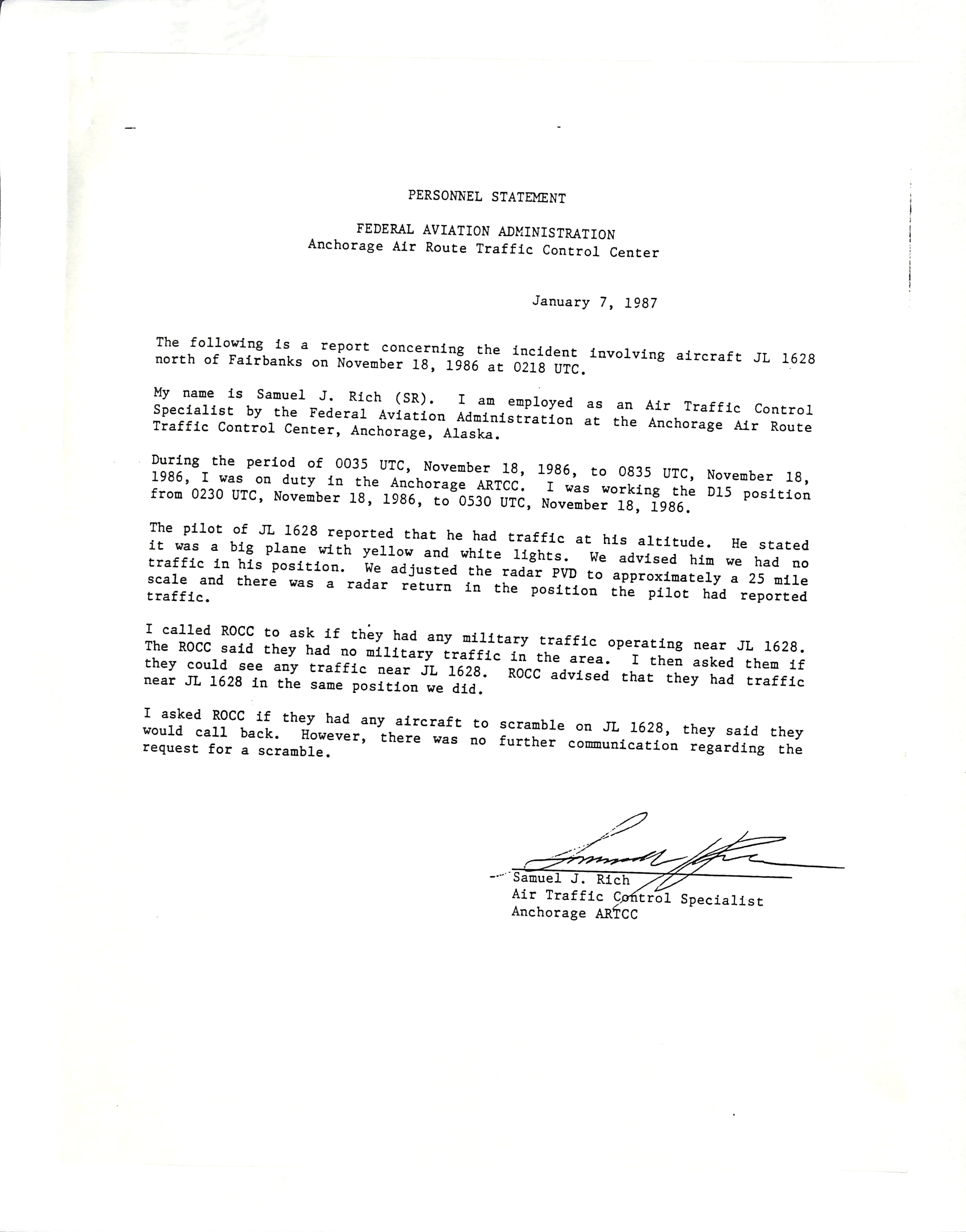 Information Releases Relating to Unidentified Flying Object