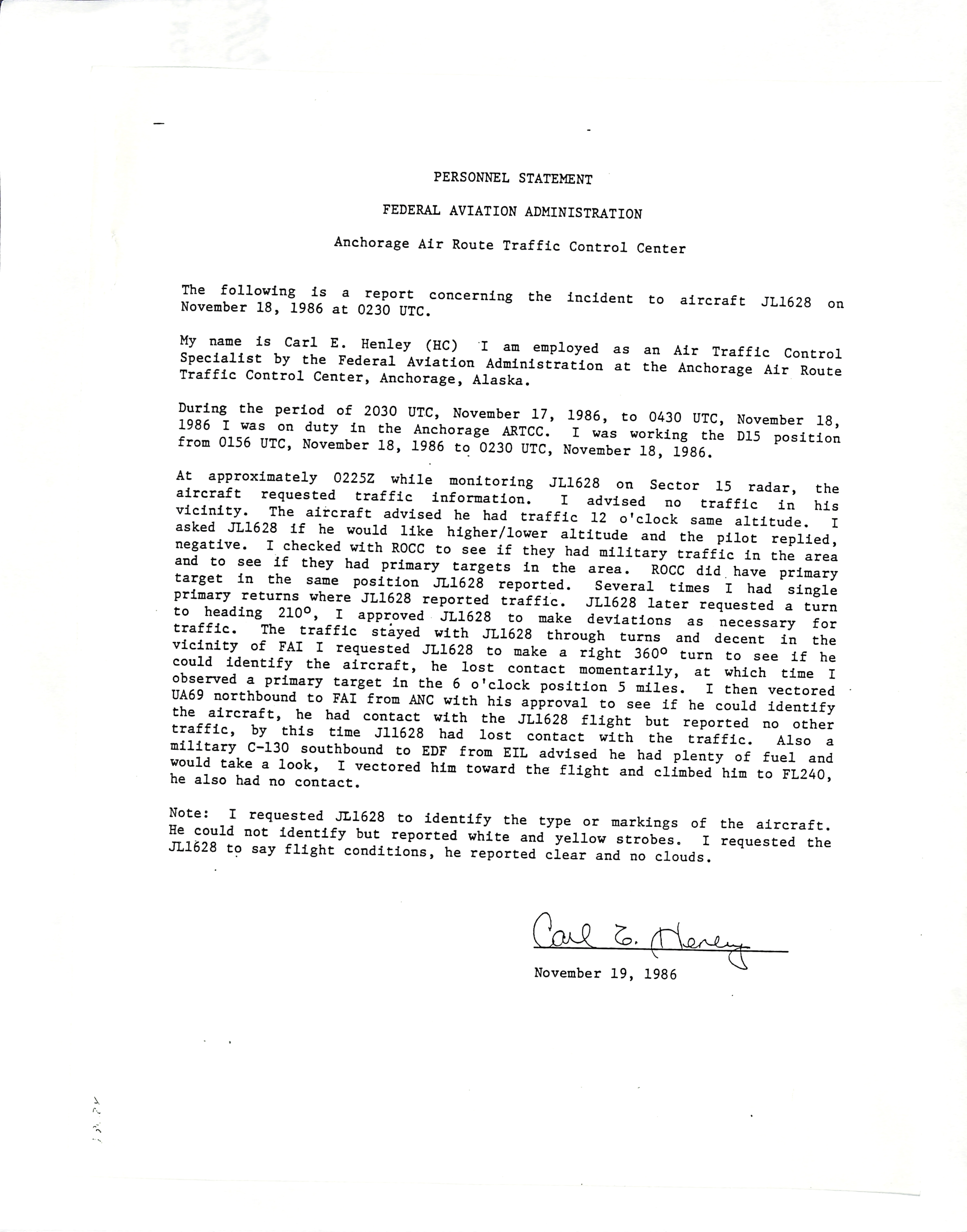 Information Releases Relating to Unidentified Flying Object
