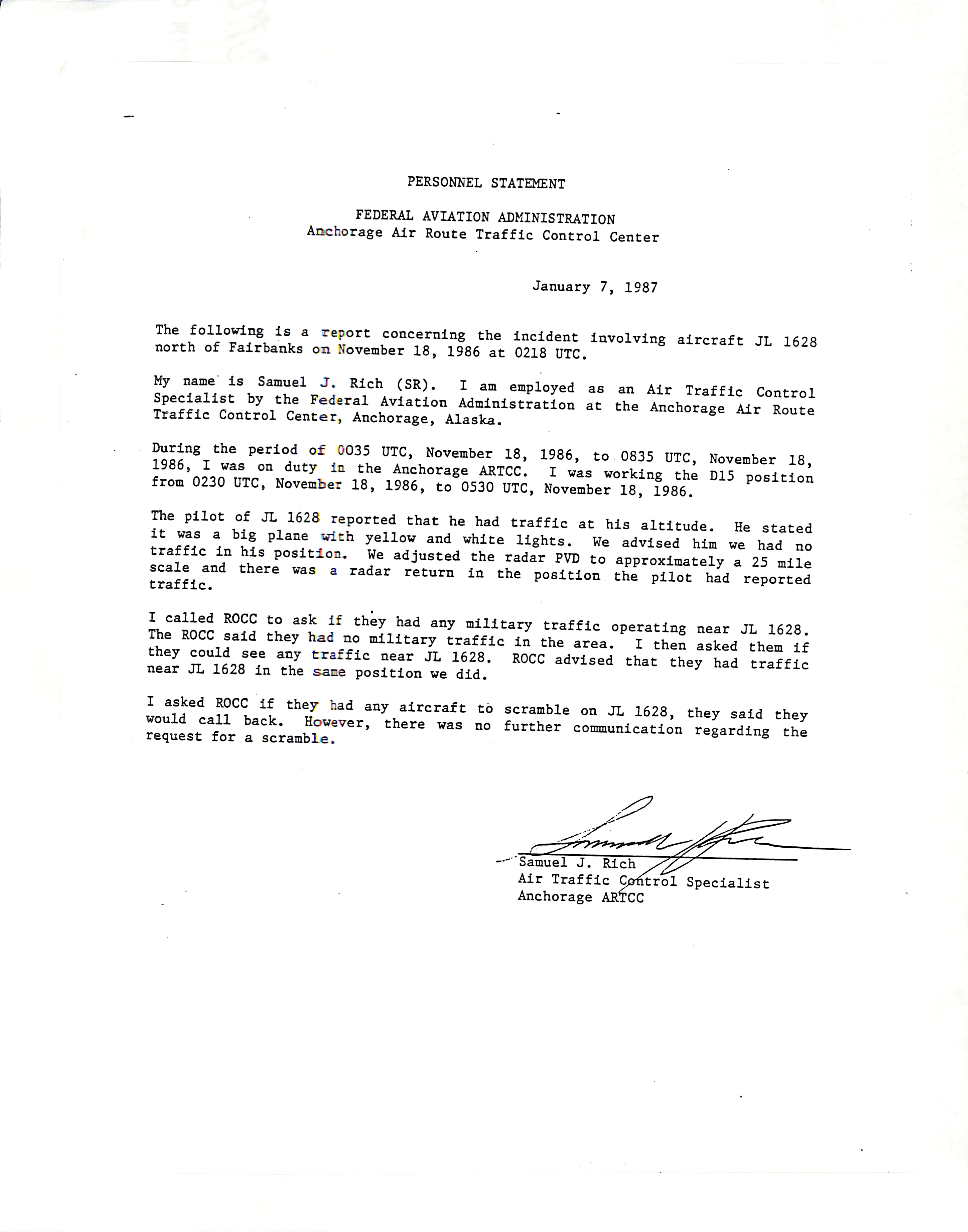 Information Releases Relating to Unidentified Flying Object