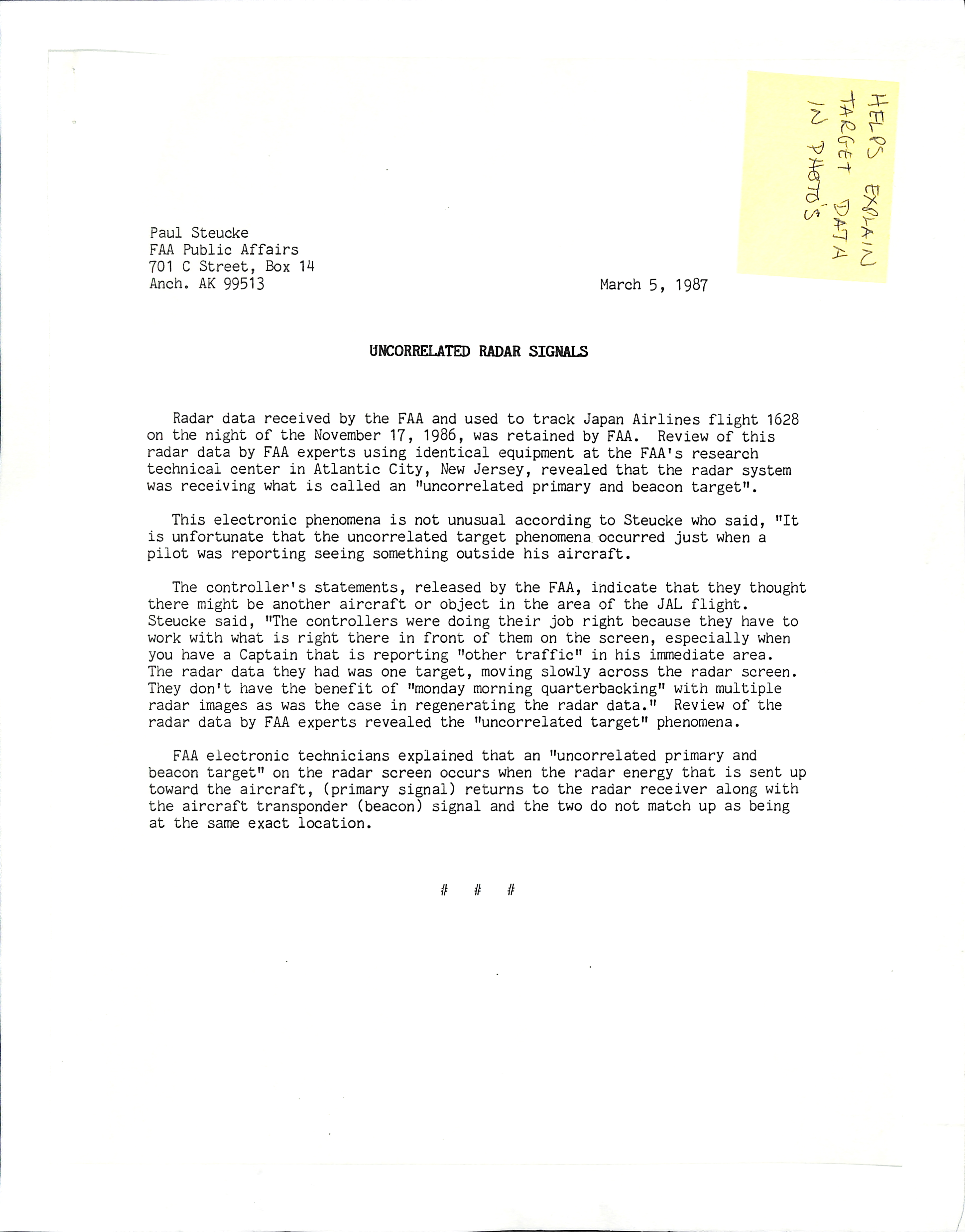 Information Releases Relating to Unidentified Flying Object