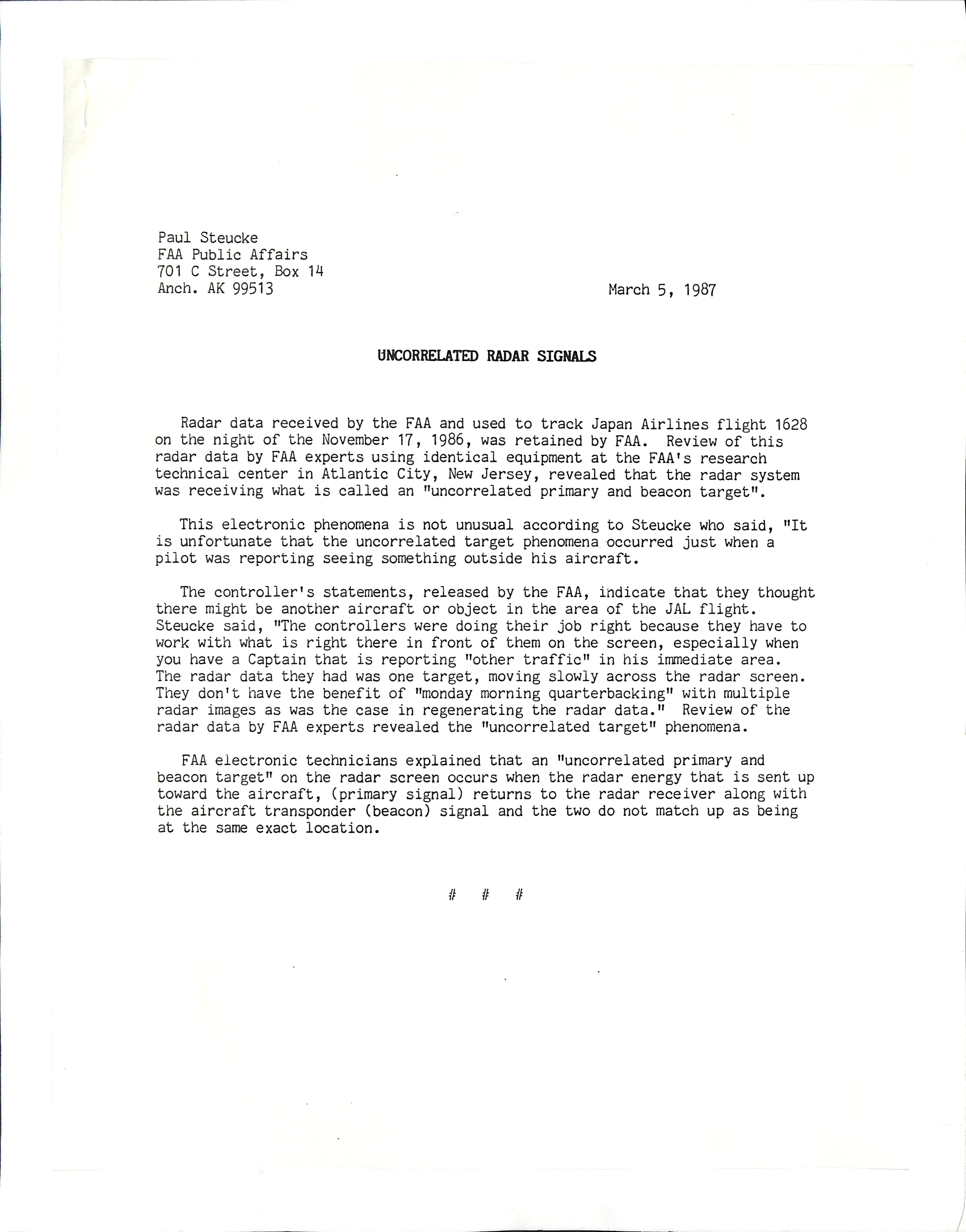 Information Releases Relating to Unidentified Flying Object