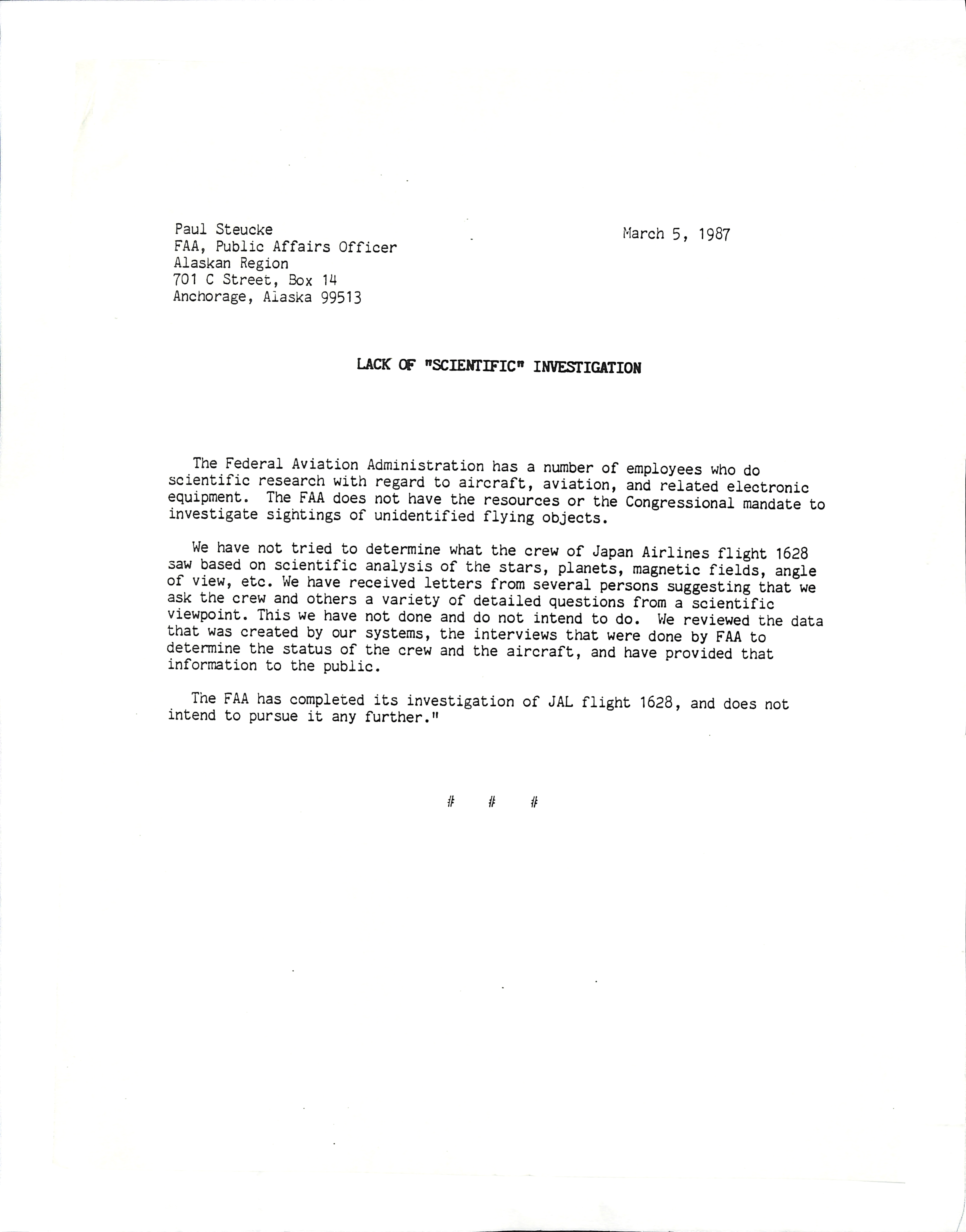 Information Releases Relating to Unidentified Flying Object