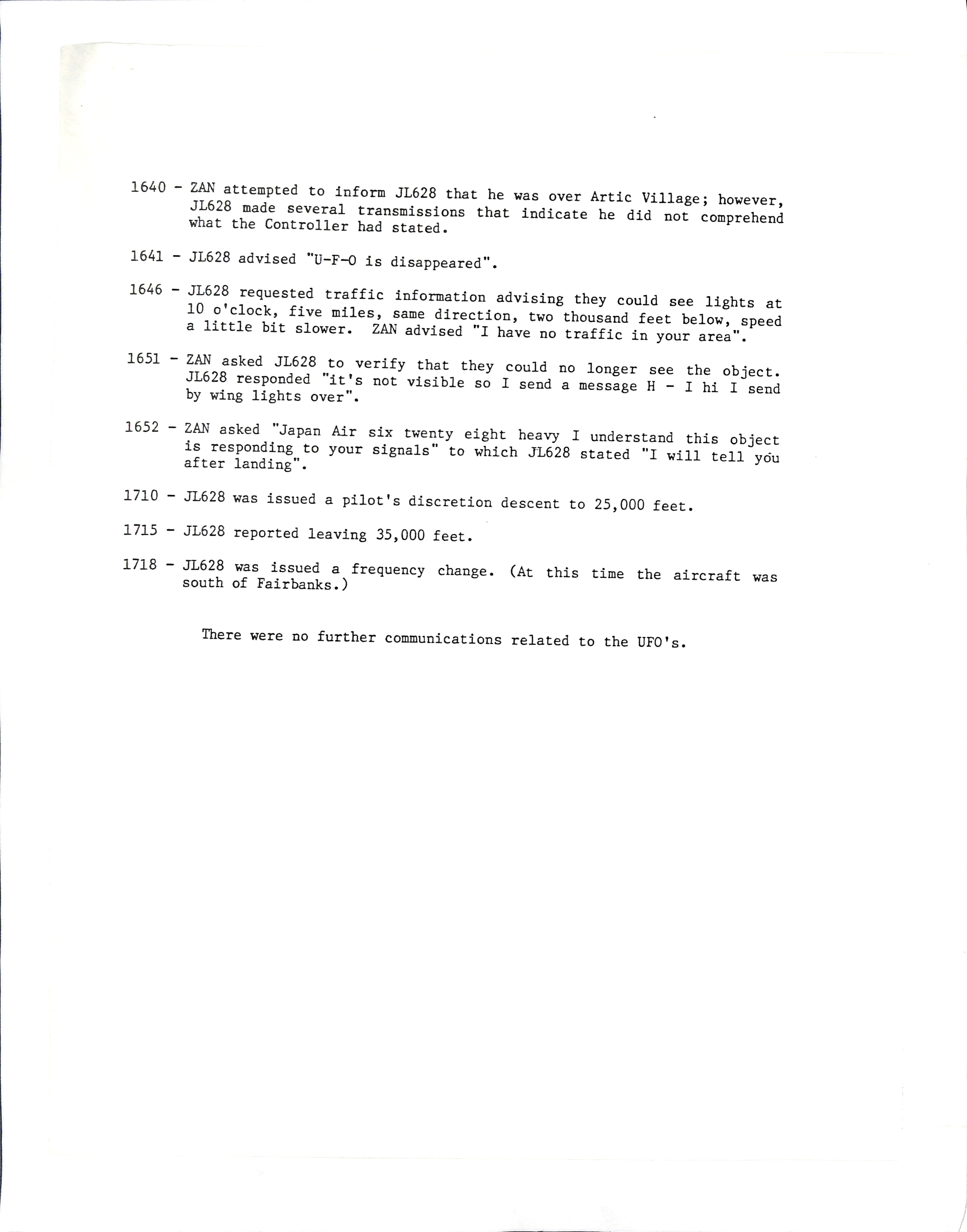 Information Releases Relating to Unidentified Flying Object