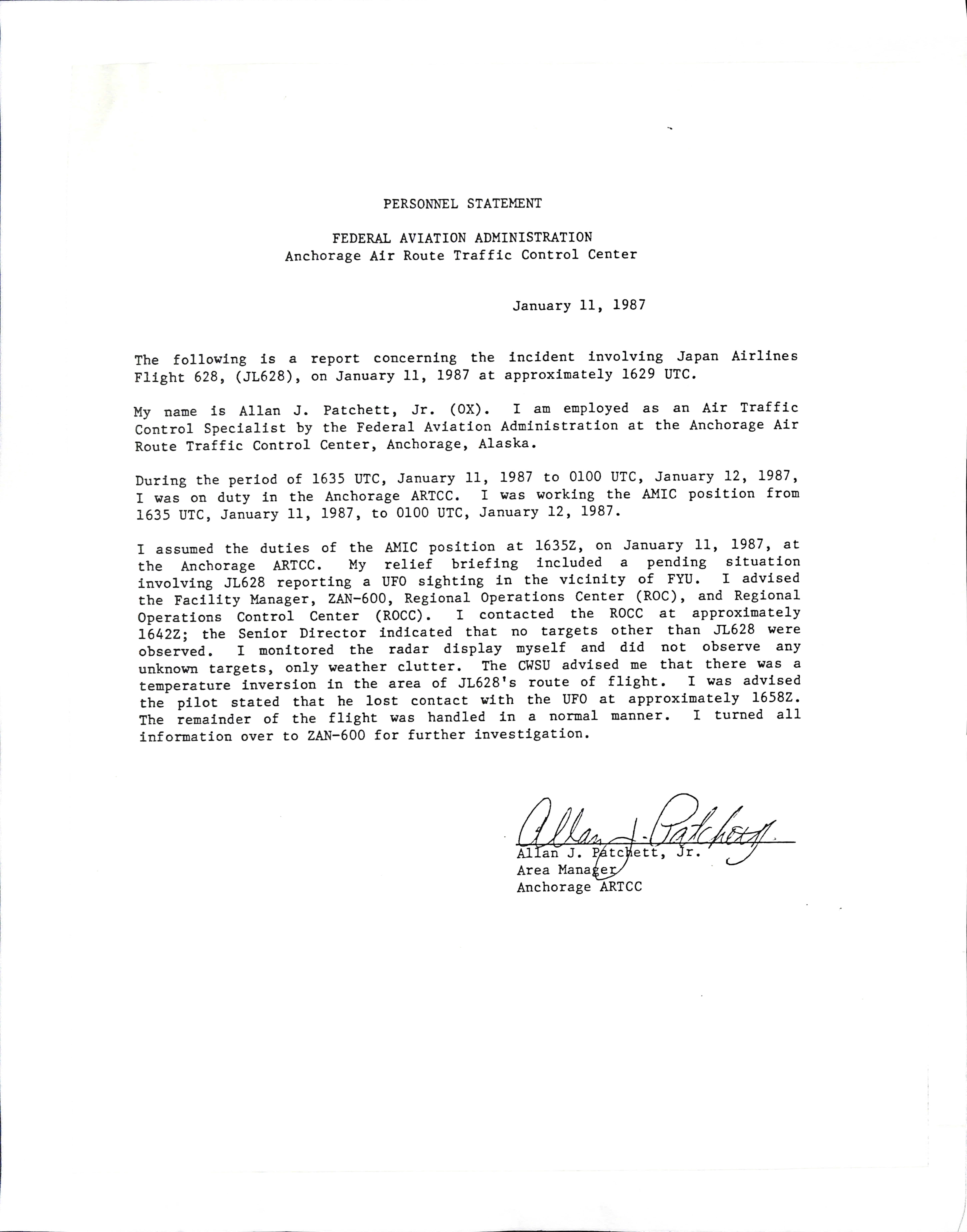 Information Releases Relating to Unidentified Flying Object