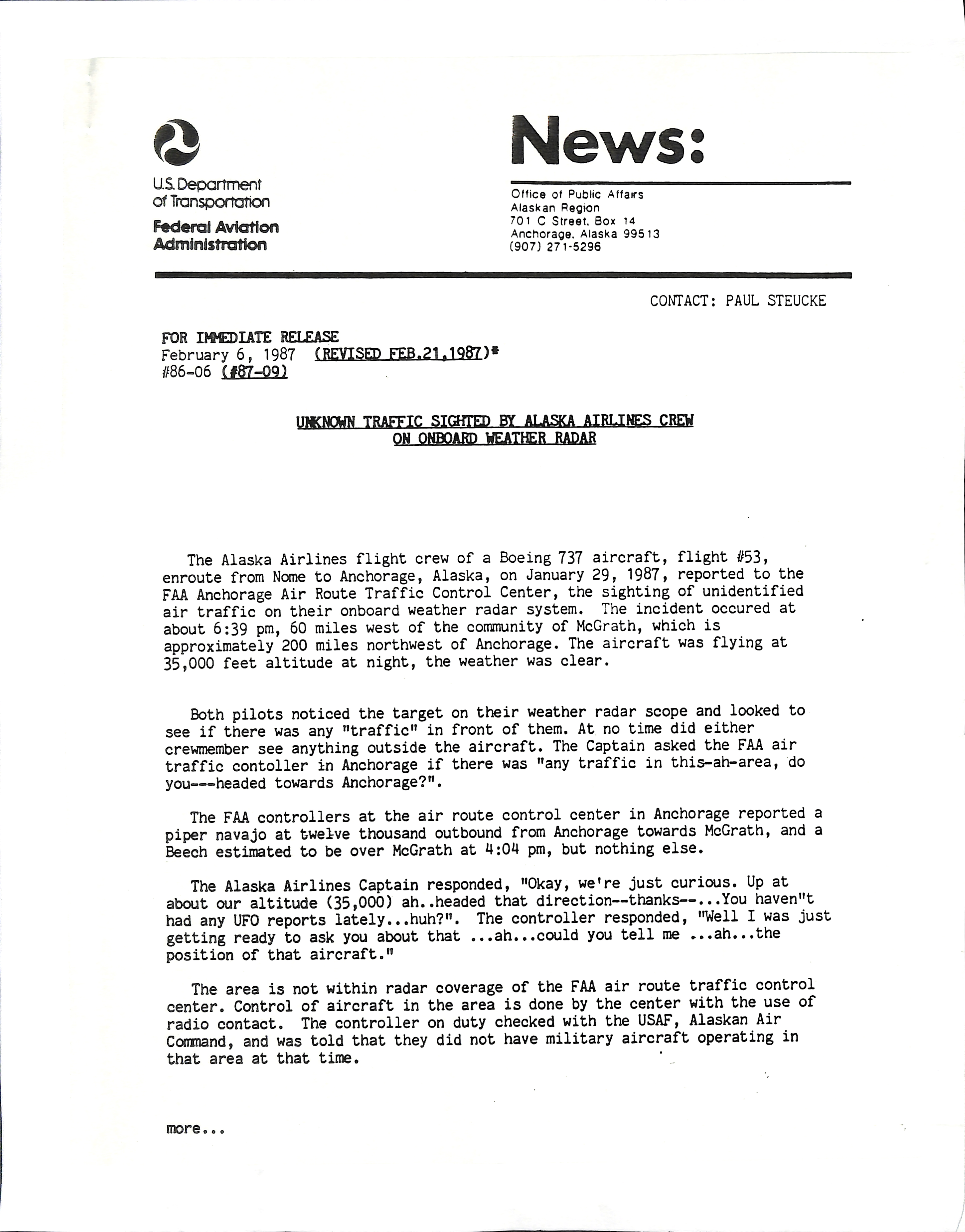 Information Releases Relating to Unidentified Flying Object