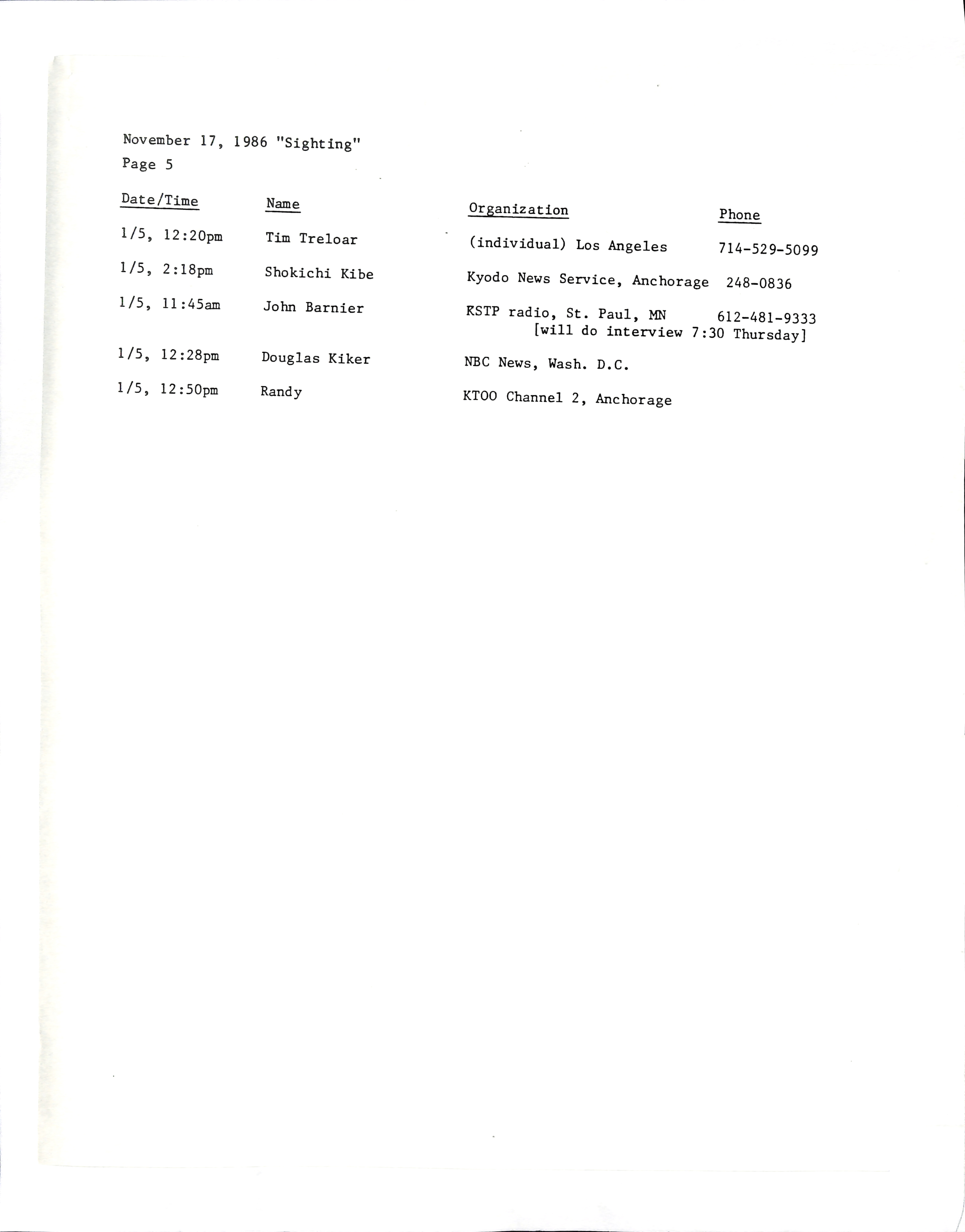 Information Releases Relating to Unidentified Flying Object