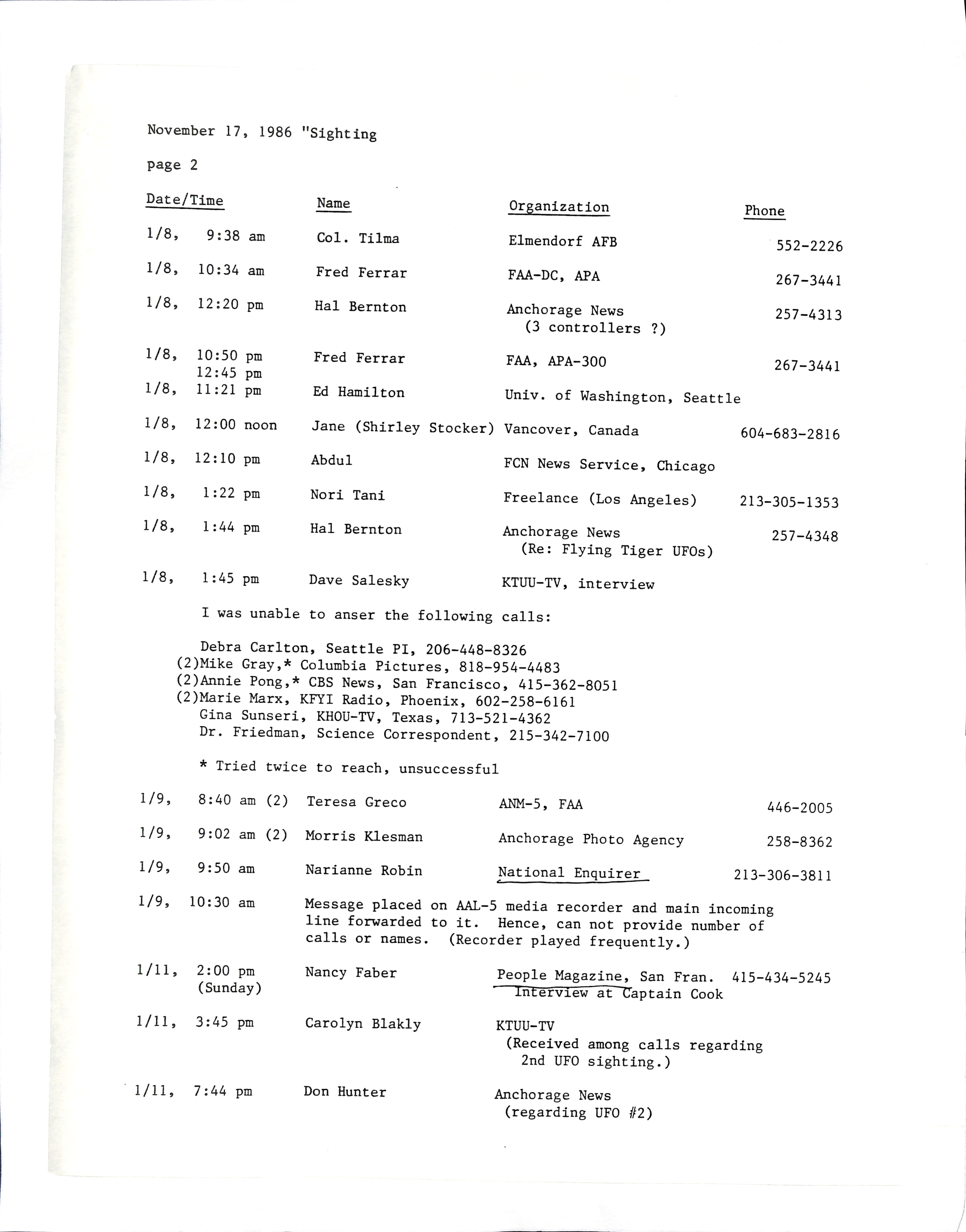 Information Releases Relating to Unidentified Flying Object