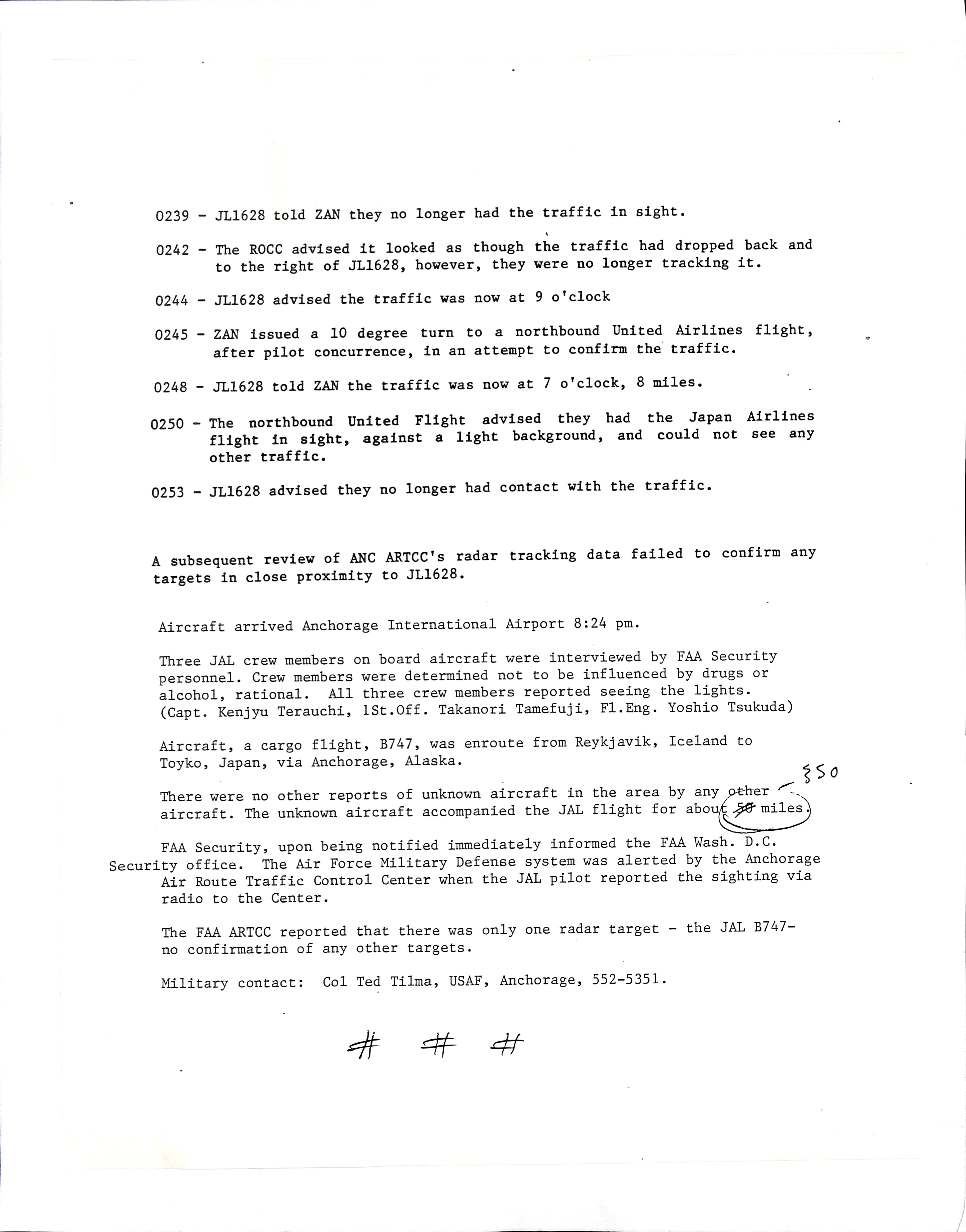 Information Releases Relating to Unidentified Flying Object