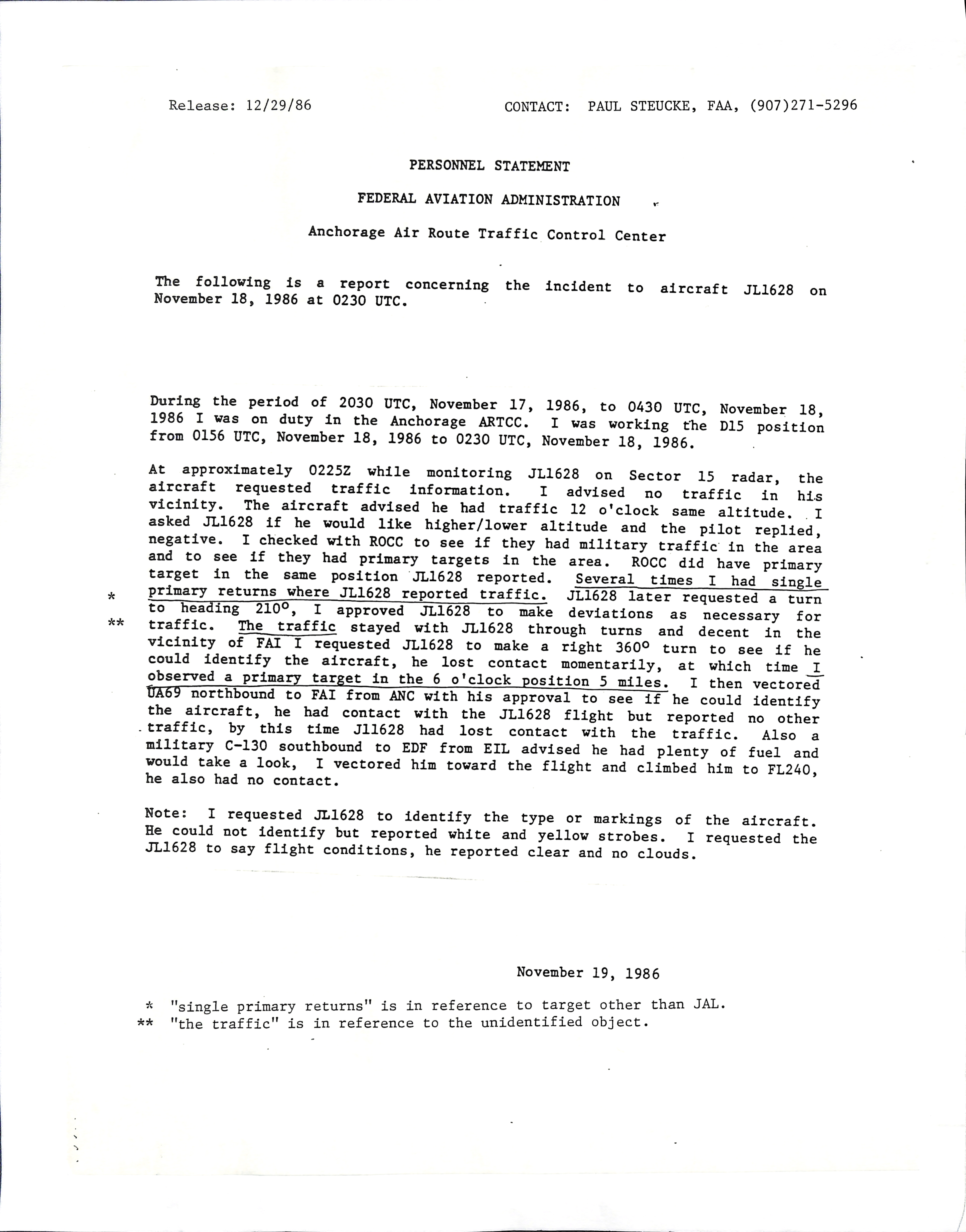 Information Releases Relating to Unidentified Flying Object