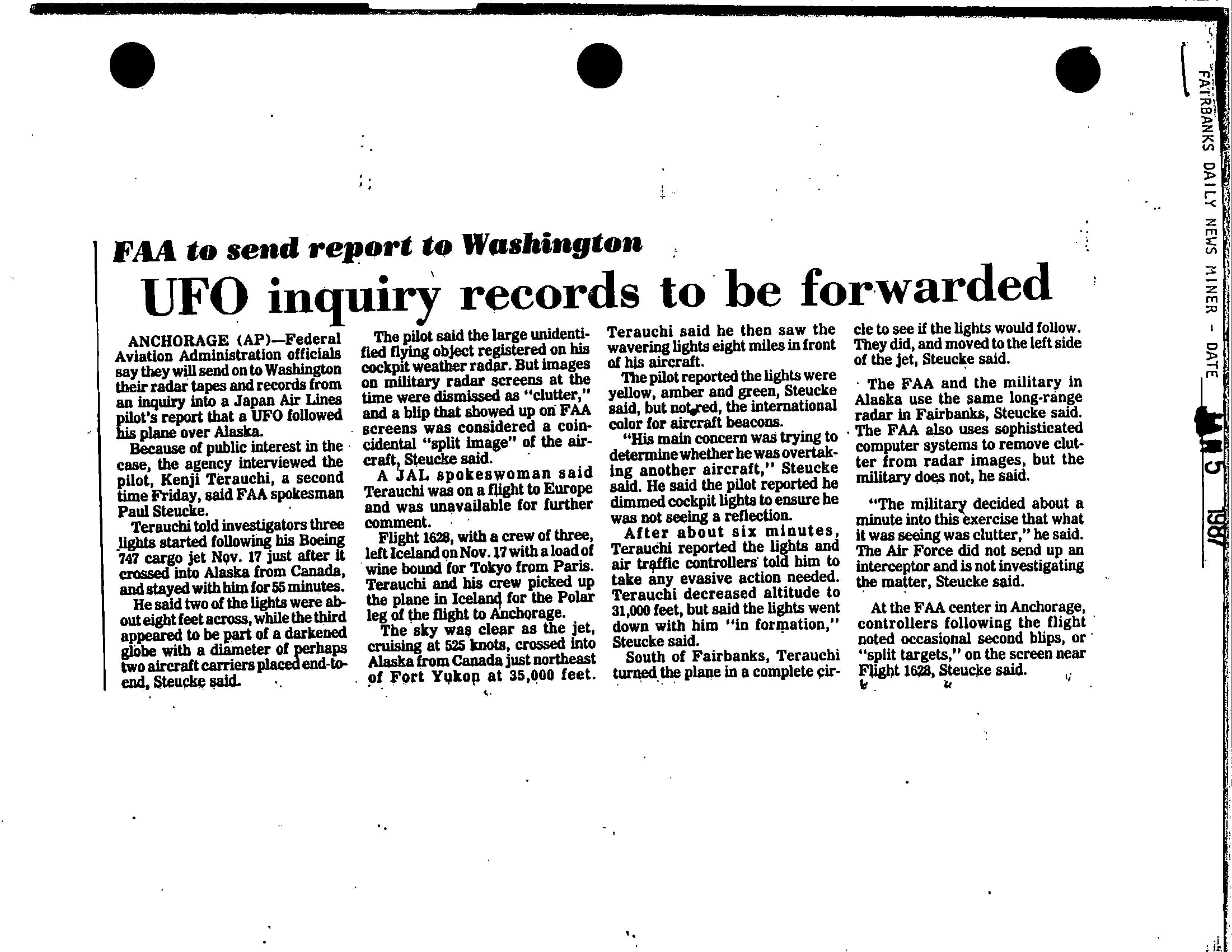 Information Releases Relating to Unidentified Flying Object