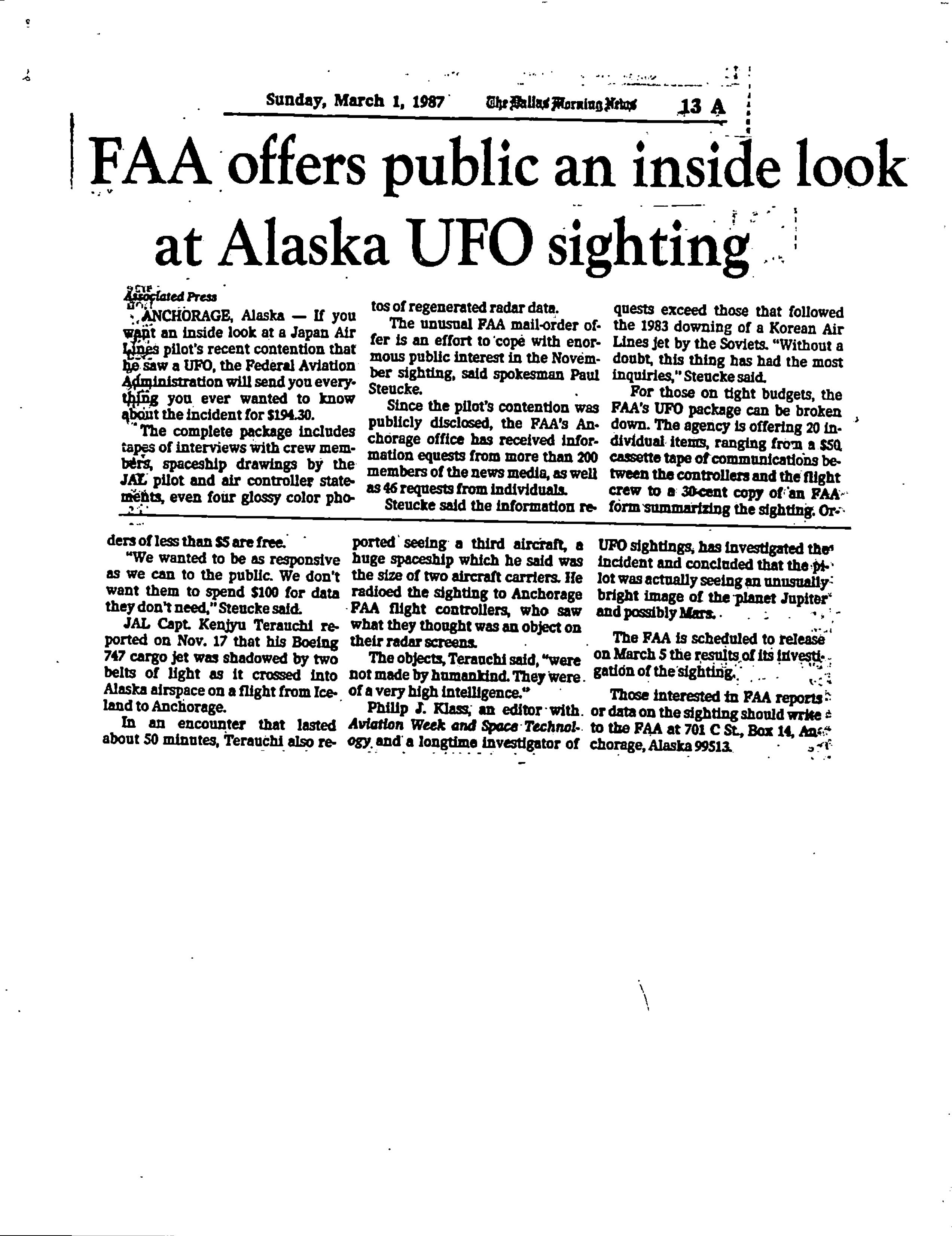 Information Releases Relating to Unidentified Flying Object