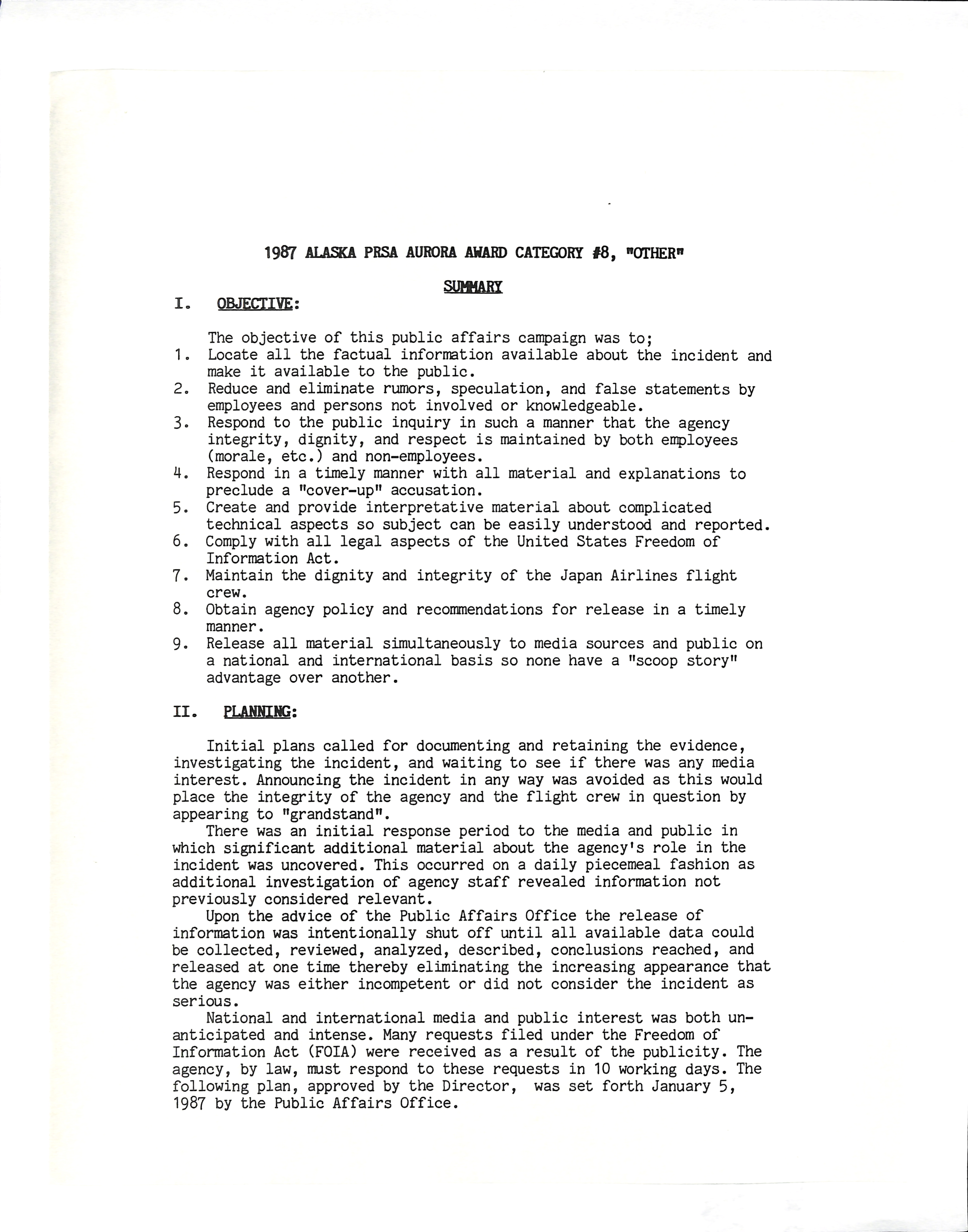Information Releases Relating to Unidentified Flying Object
