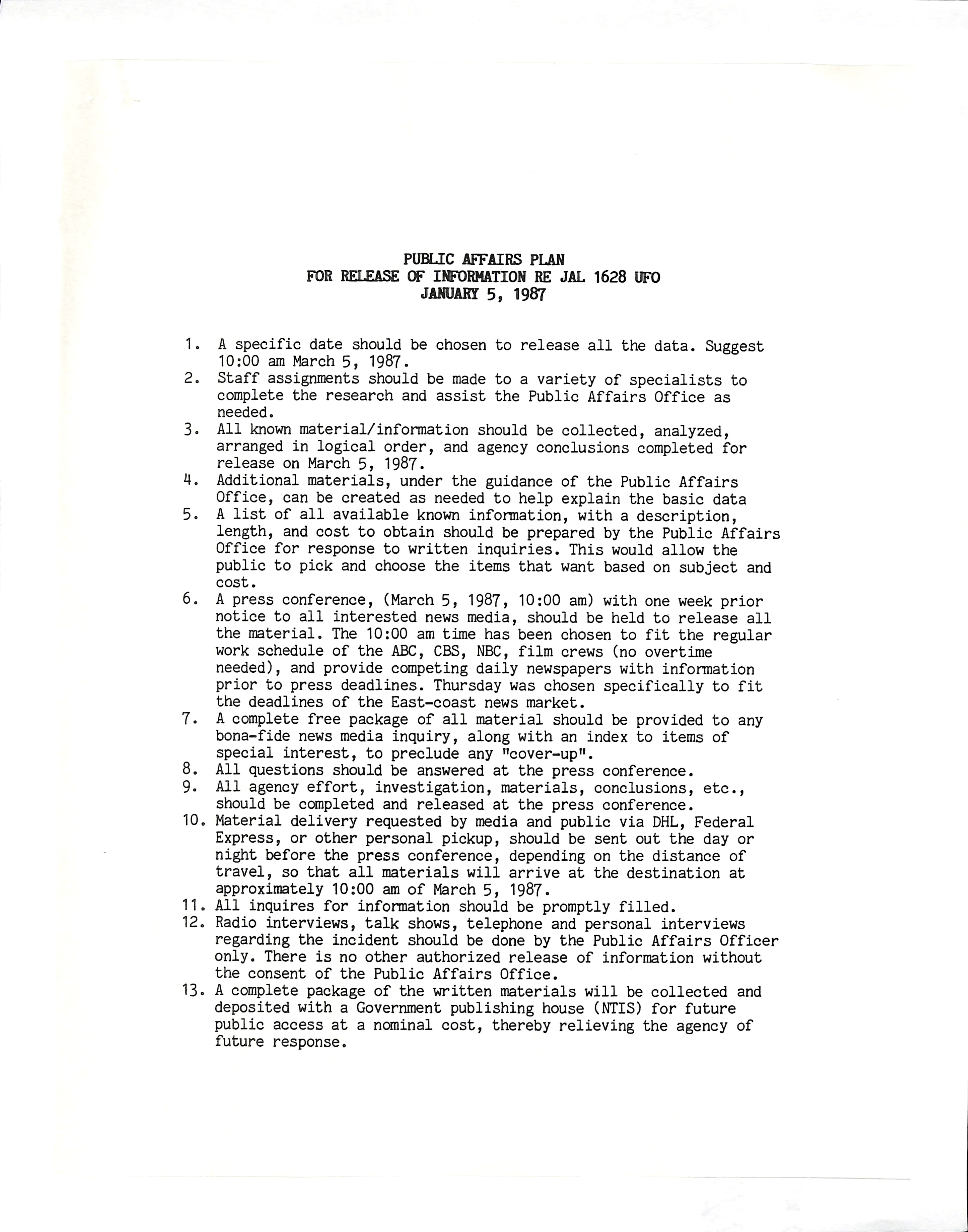 Information Releases Relating to Unidentified Flying Object
