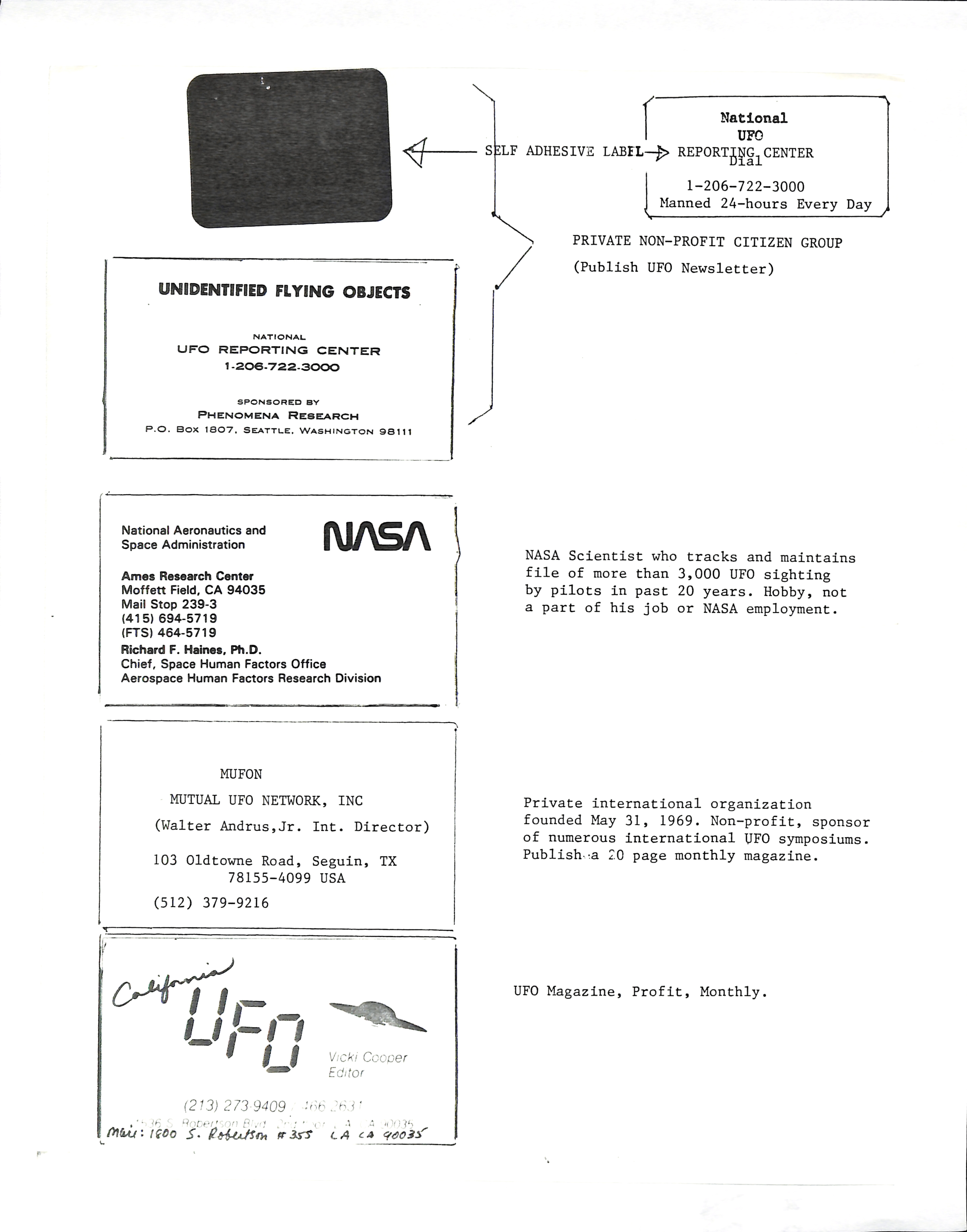 Information Releases Relating to Unidentified Flying Object