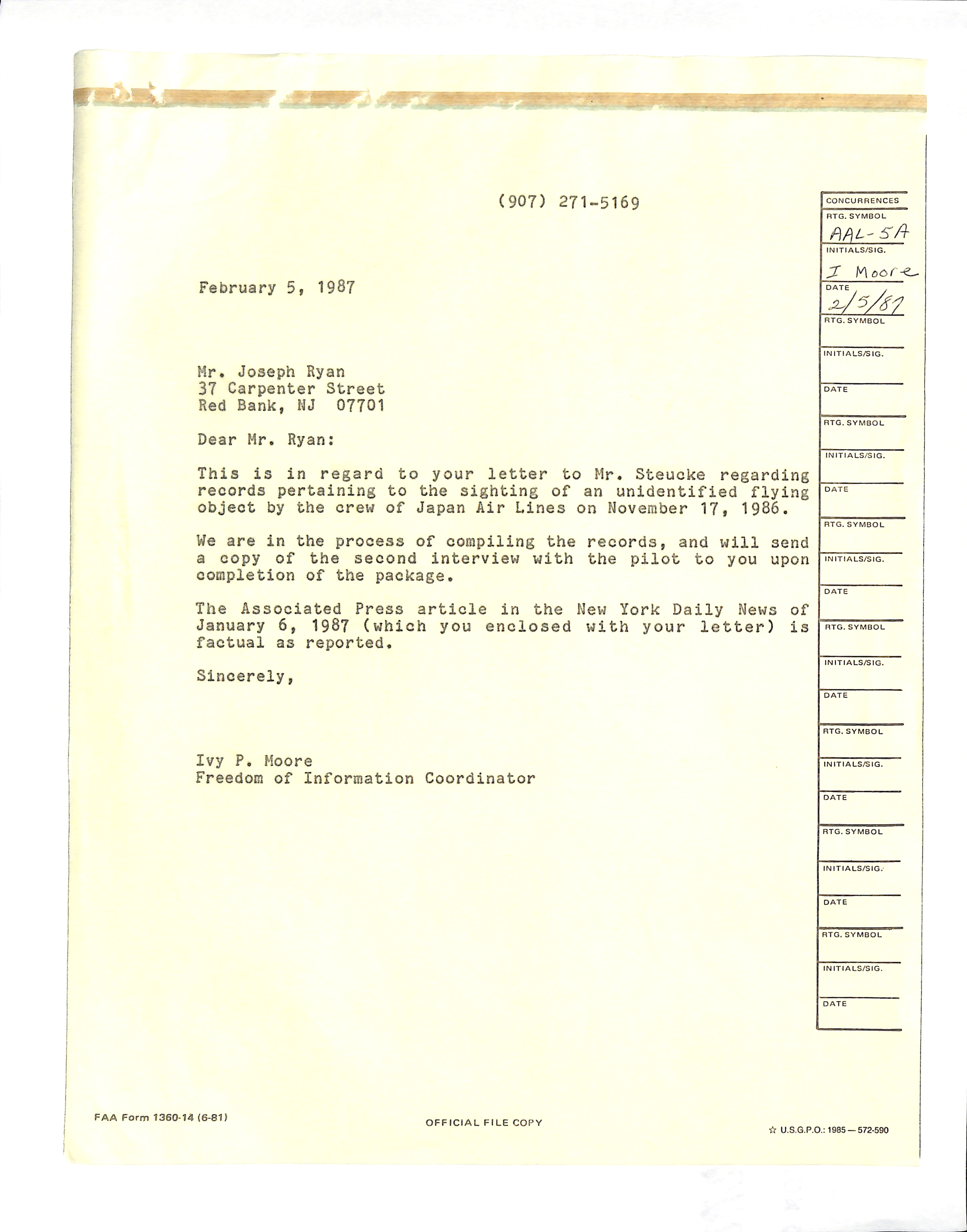 Information Releases Relating to Unidentified Flying Object