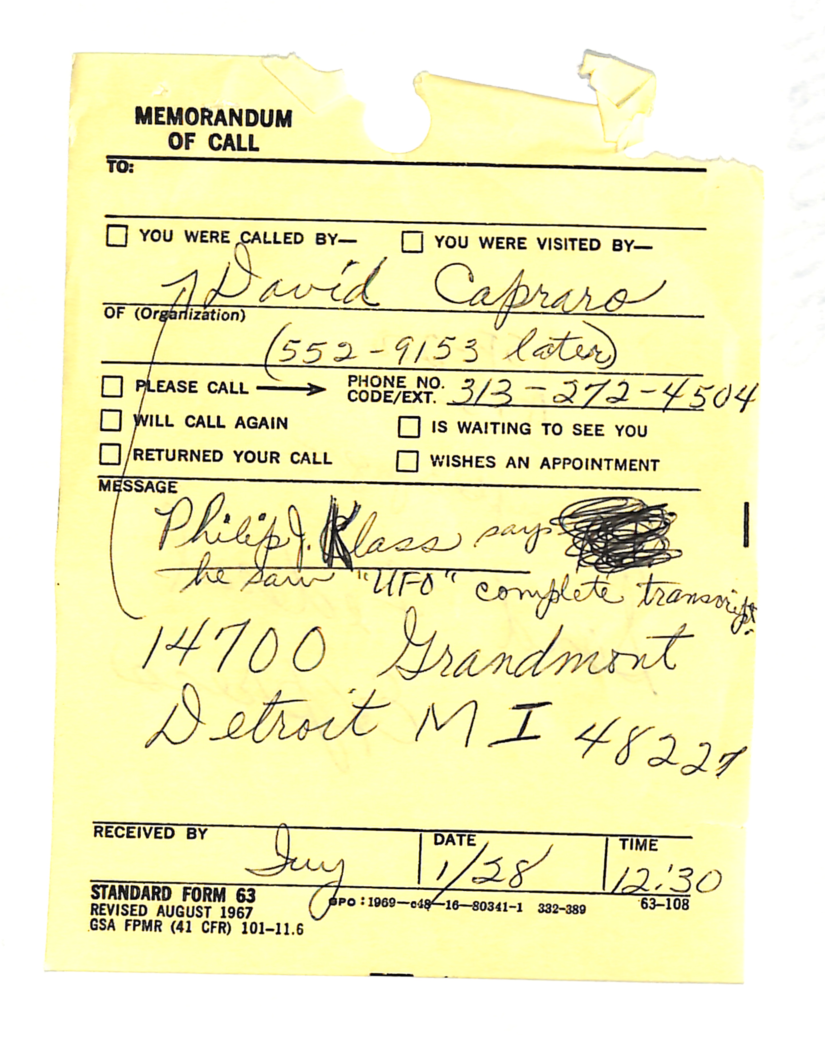 Information Releases Relating to Unidentified Flying Object