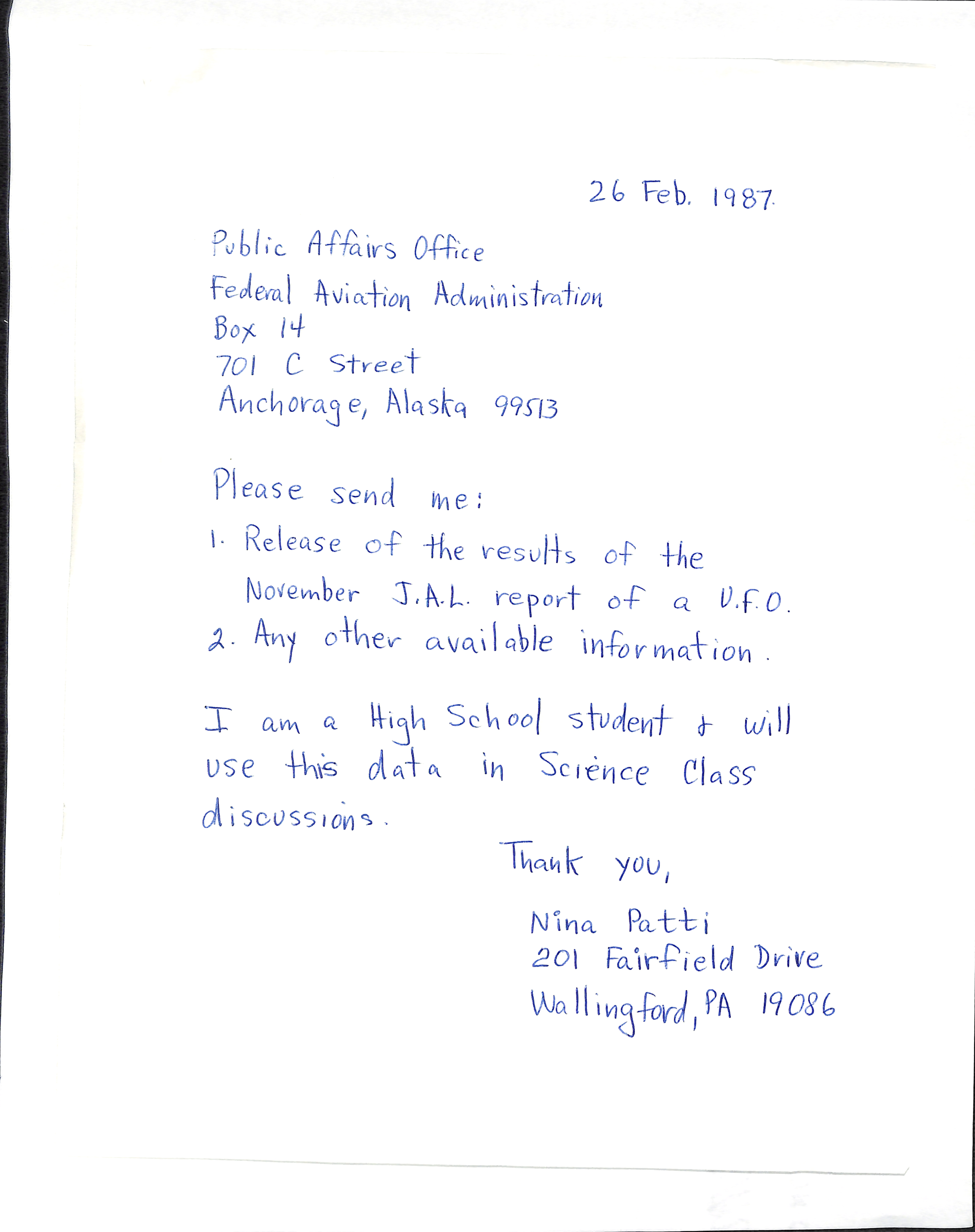 Information Releases Relating to Unidentified Flying Object