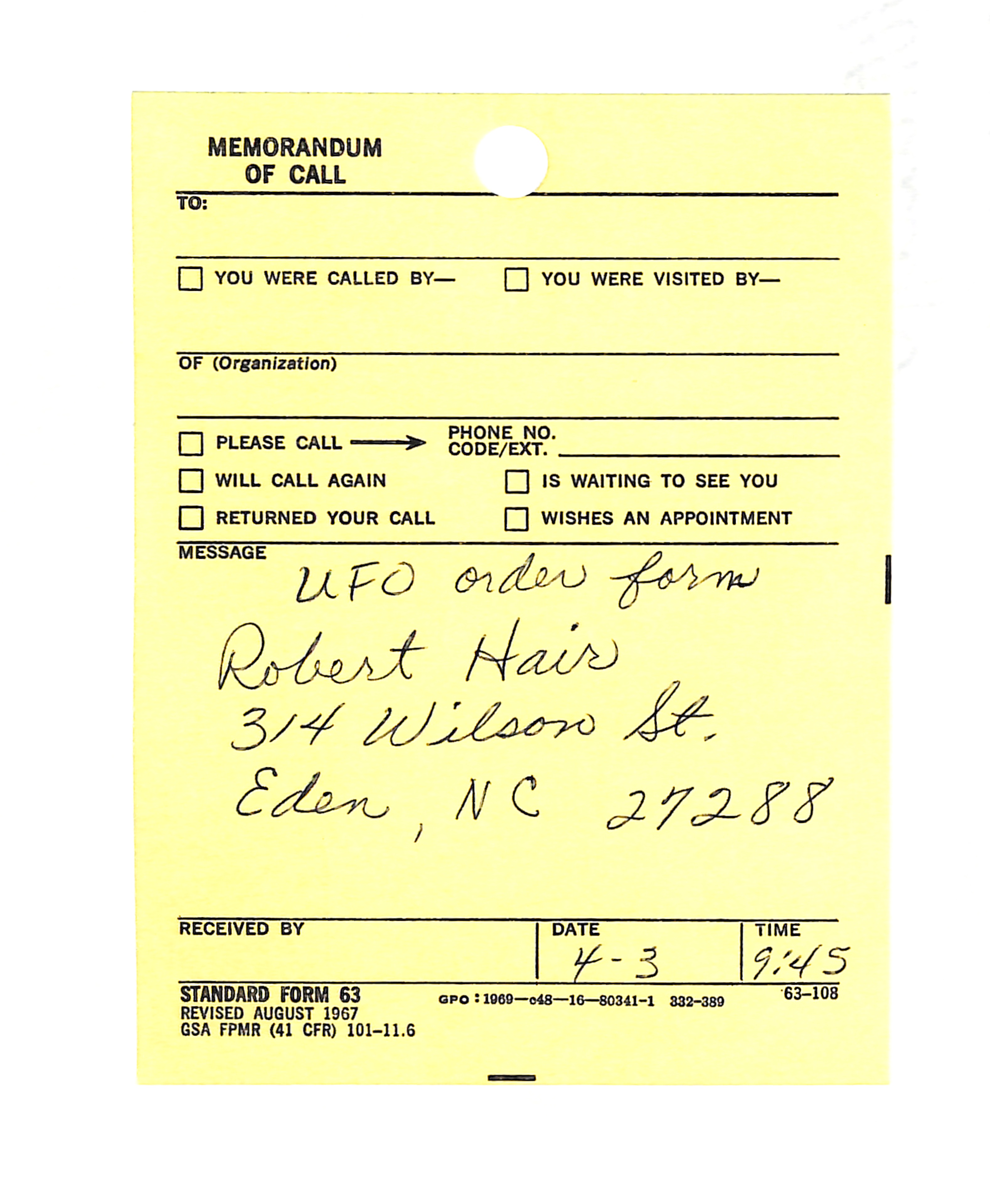Information Releases Relating to Unidentified Flying Object