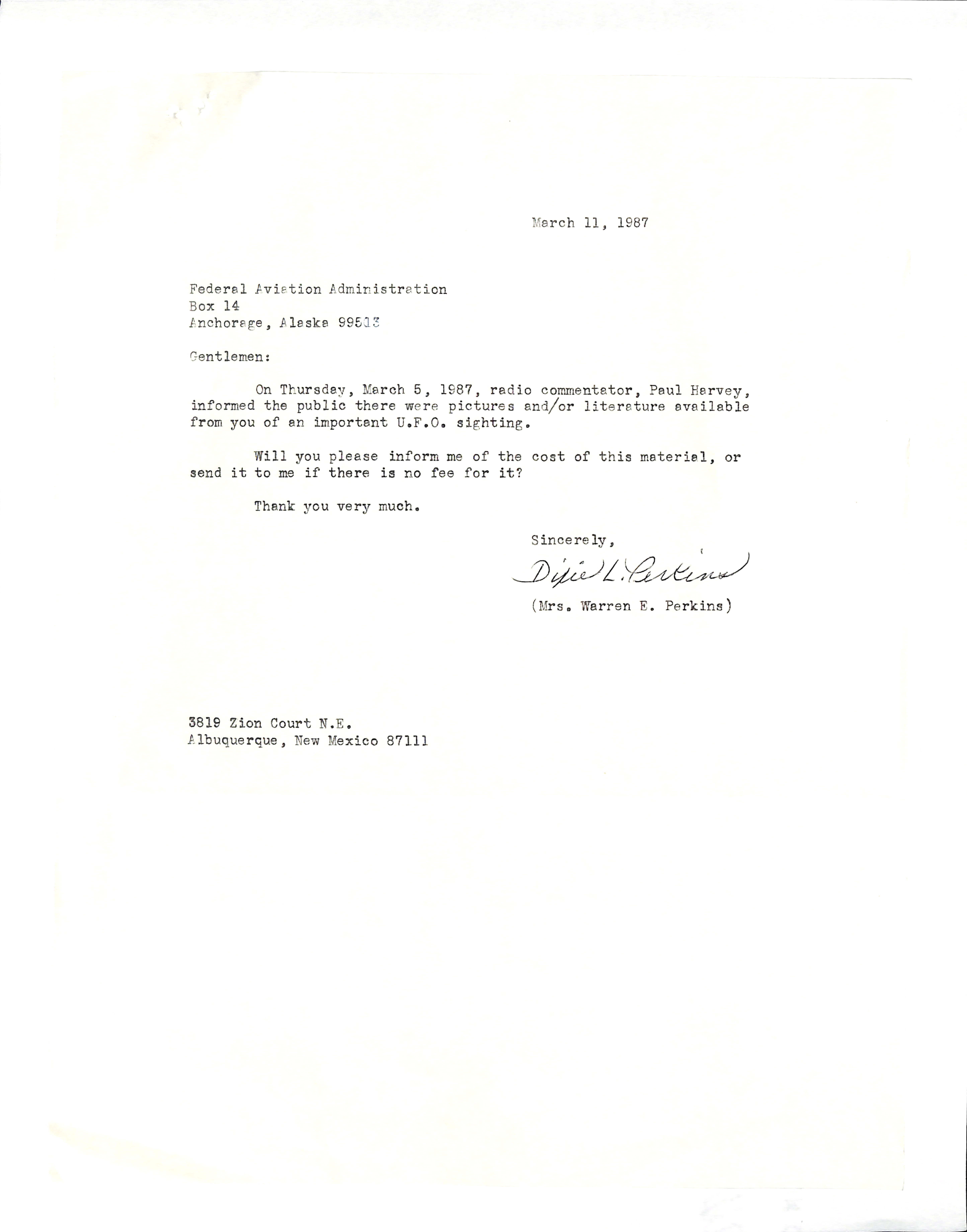 Information Releases Relating to Unidentified Flying Object