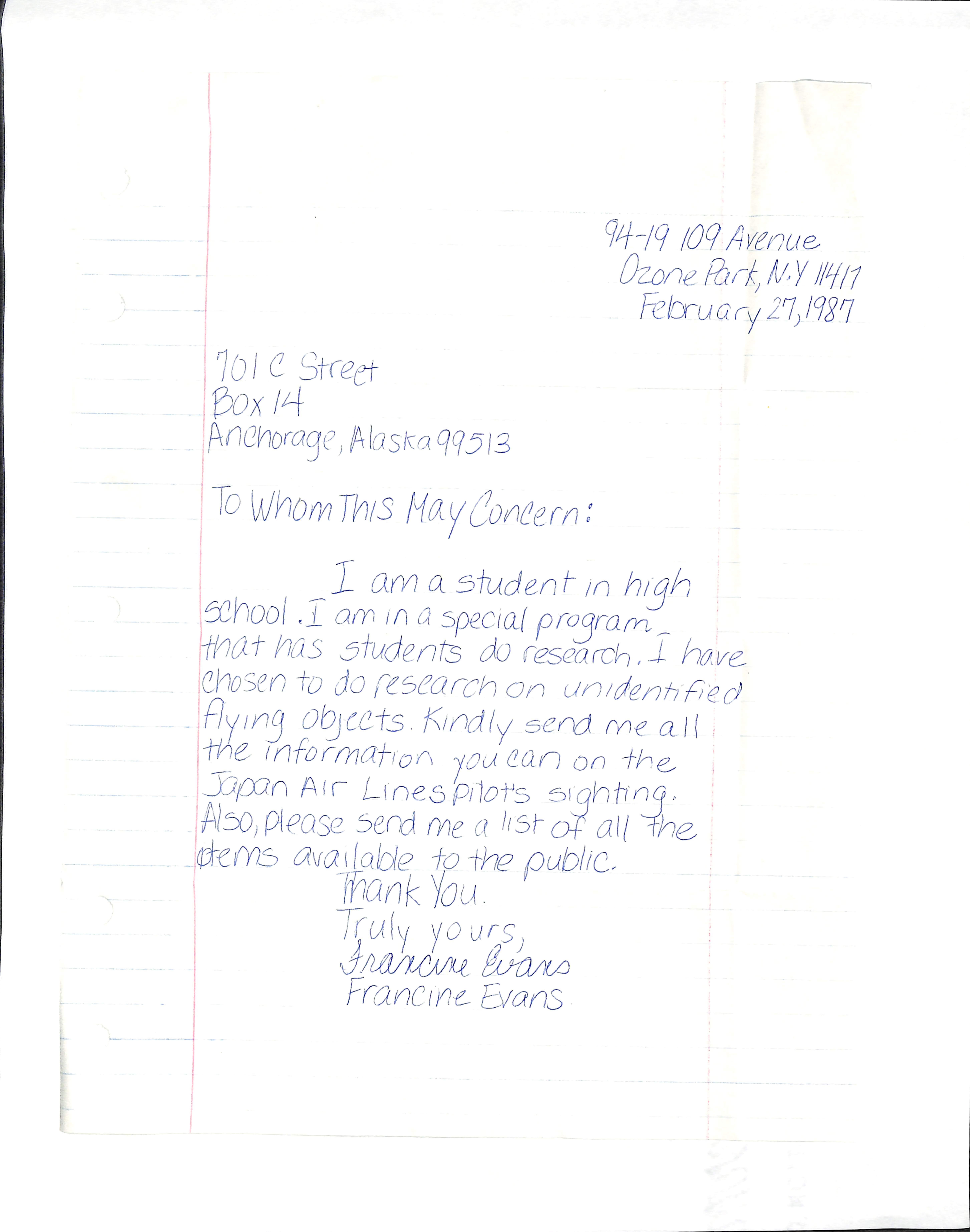 Information Releases Relating to Unidentified Flying Object
