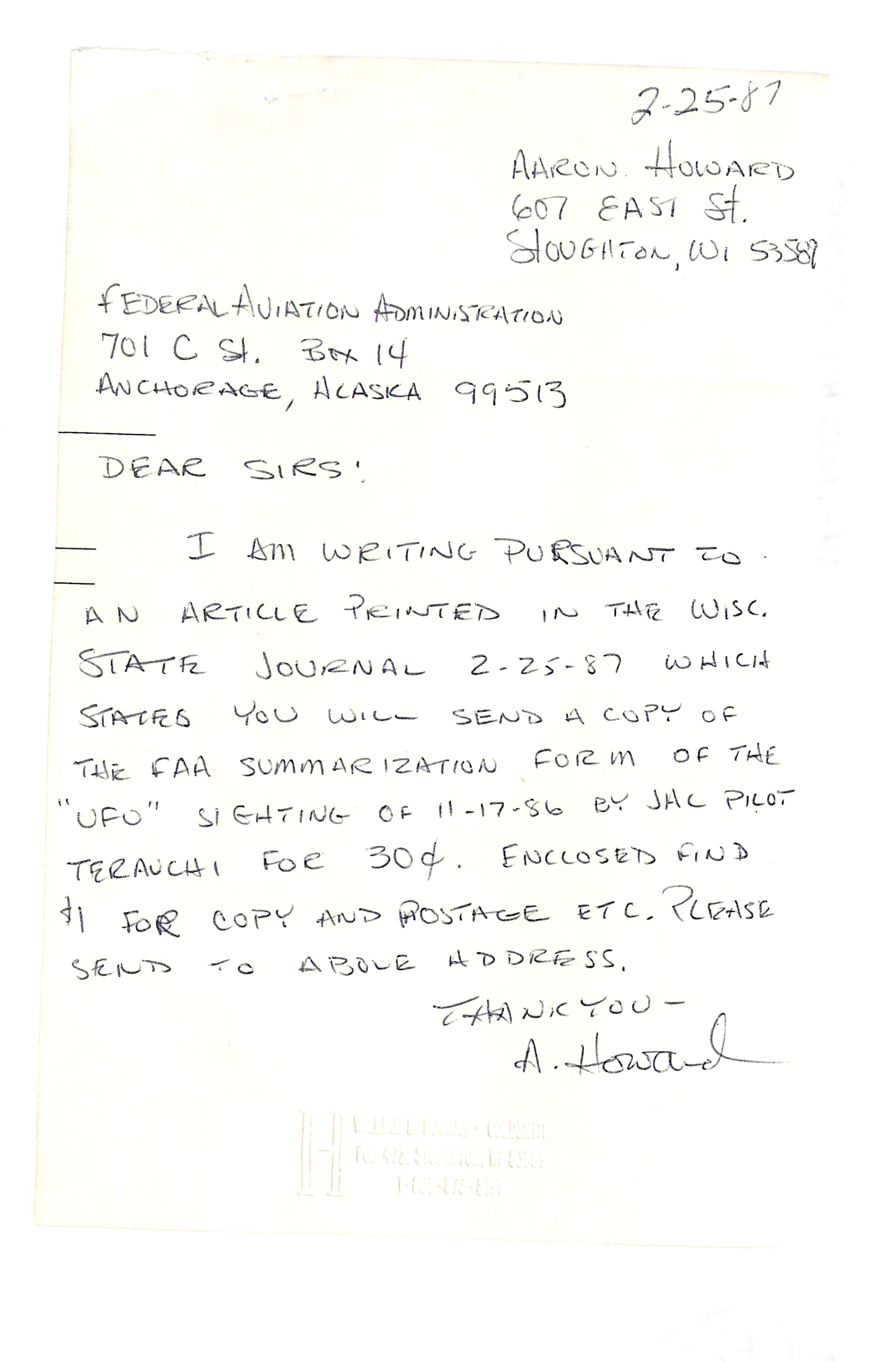 Information Releases Relating to Unidentified Flying Object